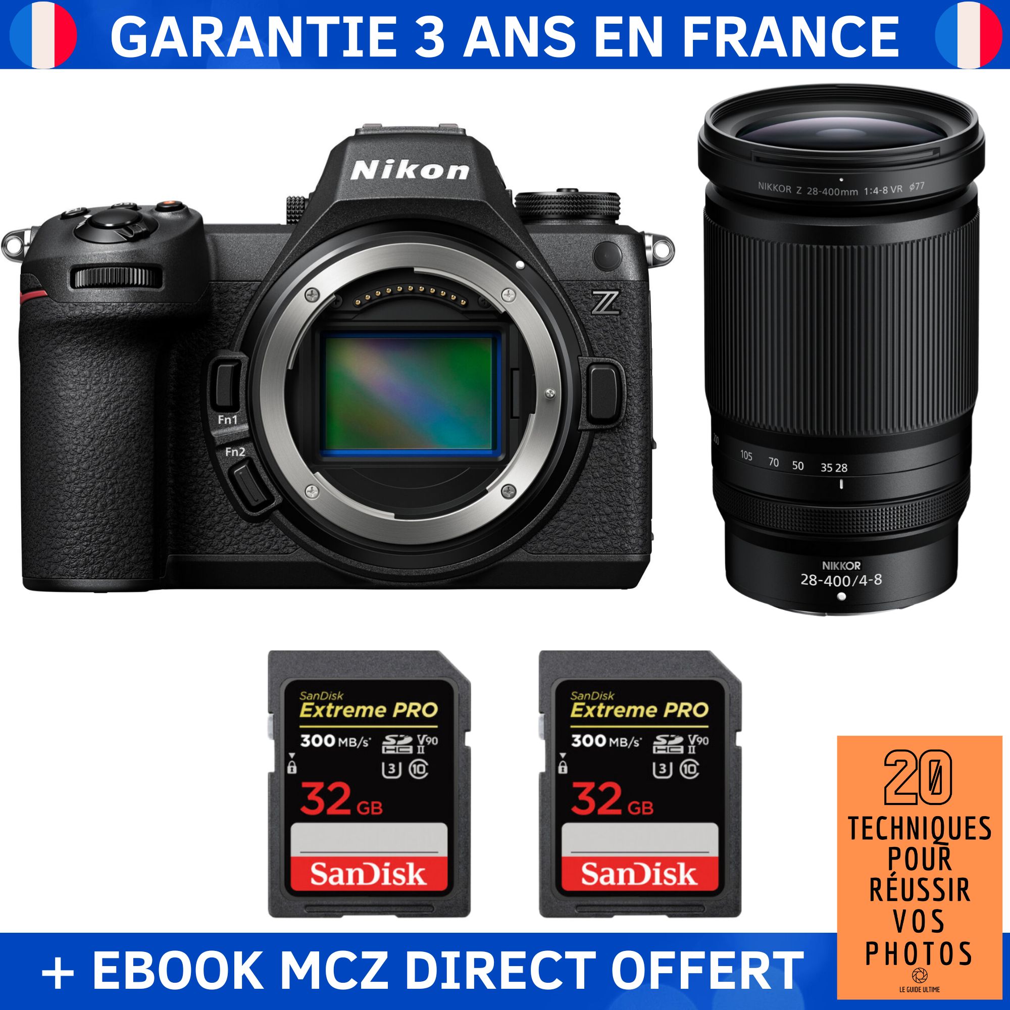 Nikon Z6 III + Z 28-400mm f/4-8 VR + 2 SanDisk 32GB Extreme PRO UHS-II SDXC 300 MB/s + Ebook '20 Techniques pour Réussir vos Photos' - Hybrid Camera Nikon