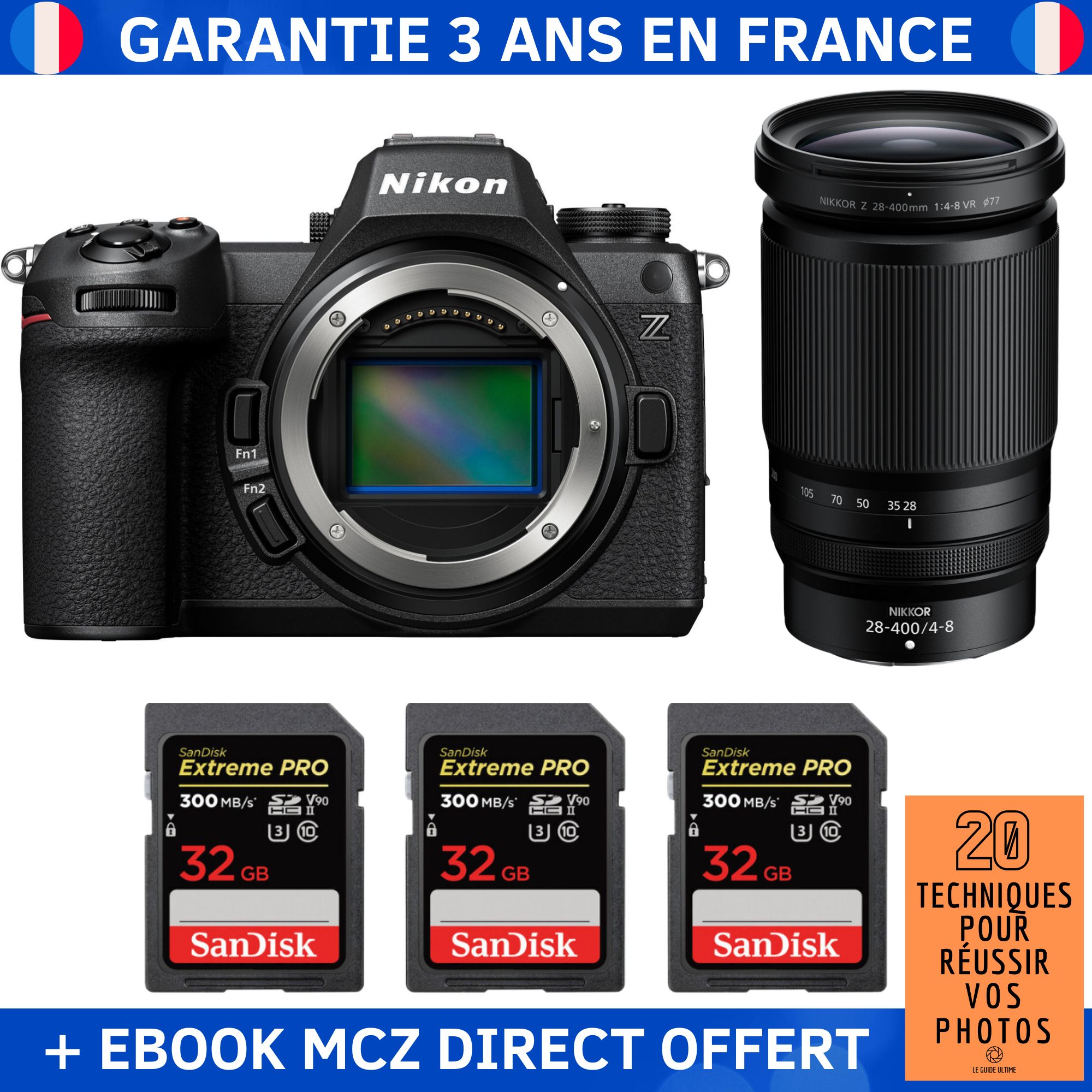 Nikon Z6 III + Z 28-400mm f/4-8 VR + 3 SanDisk 32GB Extreme PRO UHS-II SDXC 300MB/s + Ebook '20 Techniques pour Réussir vos Photos' - Hybrid Camera