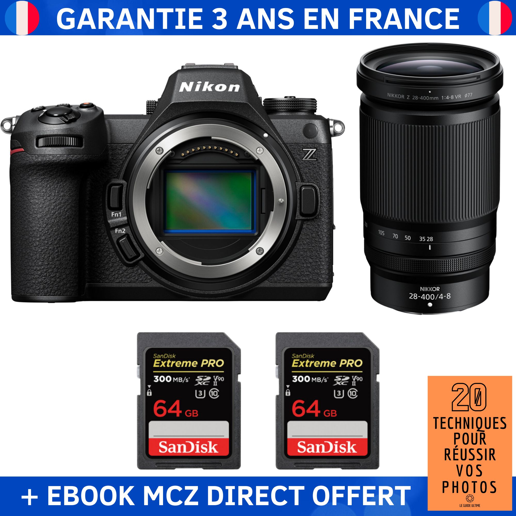 Nikon Z6 III + Z 28-400mm f/4-8 VR + 2 SanDisk 64GB Extreme PRO UHS-II SDXC 300 MB/s + Ebook '20 Techniques pour Réussir vos Photos' - Hybrid Camera