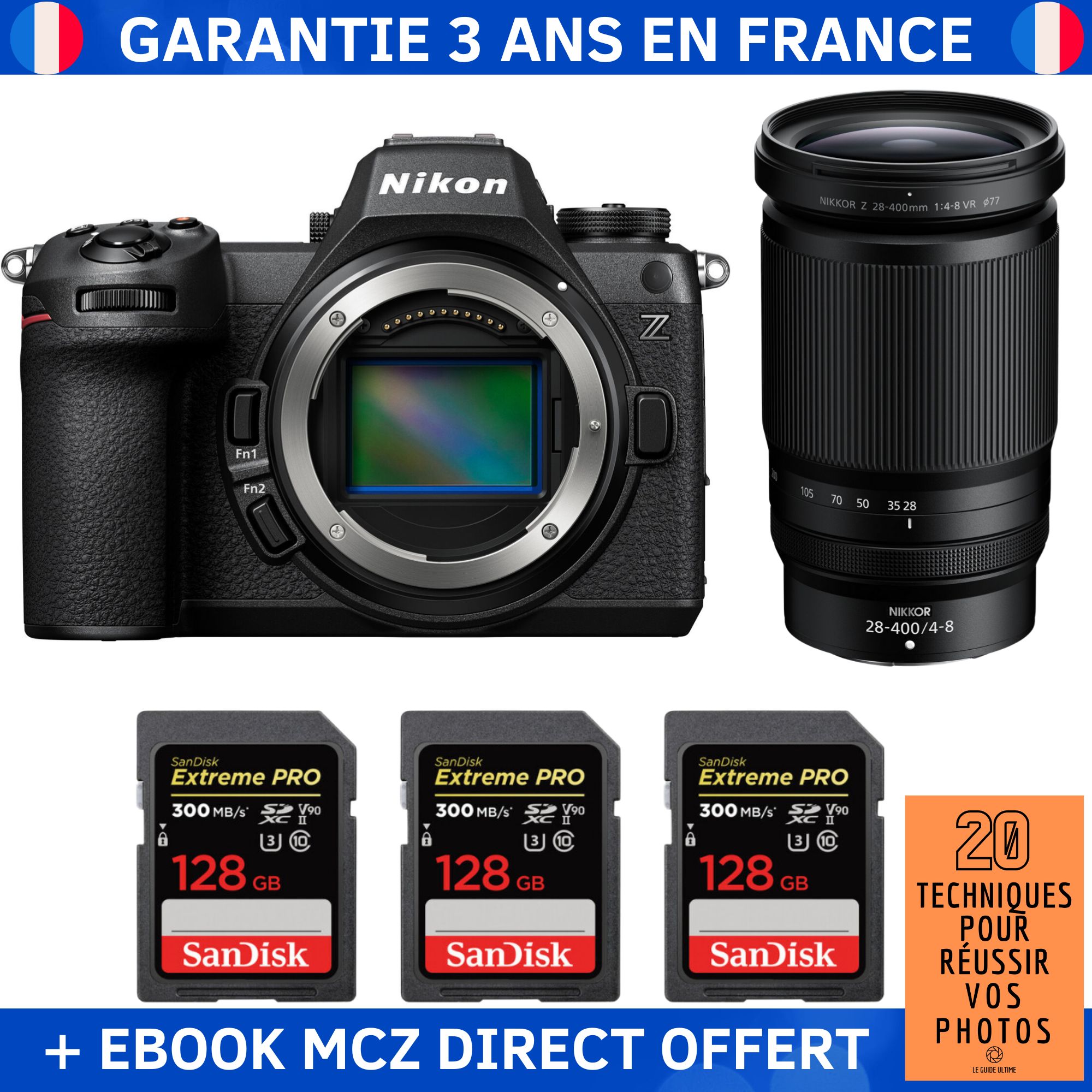 Nikon Z6 III + Z 28-400mm f/4-8 VR + 3 SanDisk 128GB Extreme PRO UHS-II SDXC 300 MB/s + Ebook '20 Techniques pour Réussir vos Photos' - Hybrid Camera Nikon