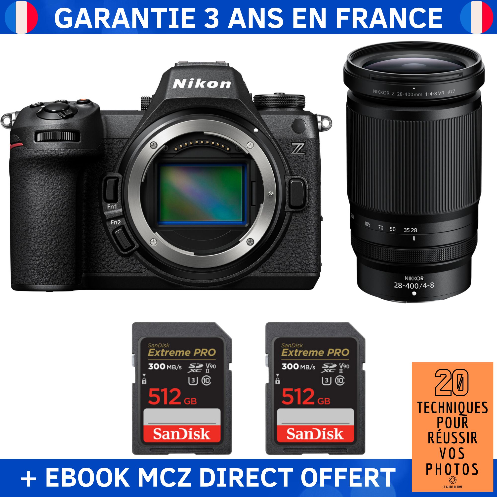 Nikon Z6 III + Z 28-400mm f/4-8 VR + 2 SanDisk 512GB Extreme PRO UHS-II SDXC 300 MB/s + Ebook '20 Techniques pour Réussir vos Photos' - Hybrid Camera