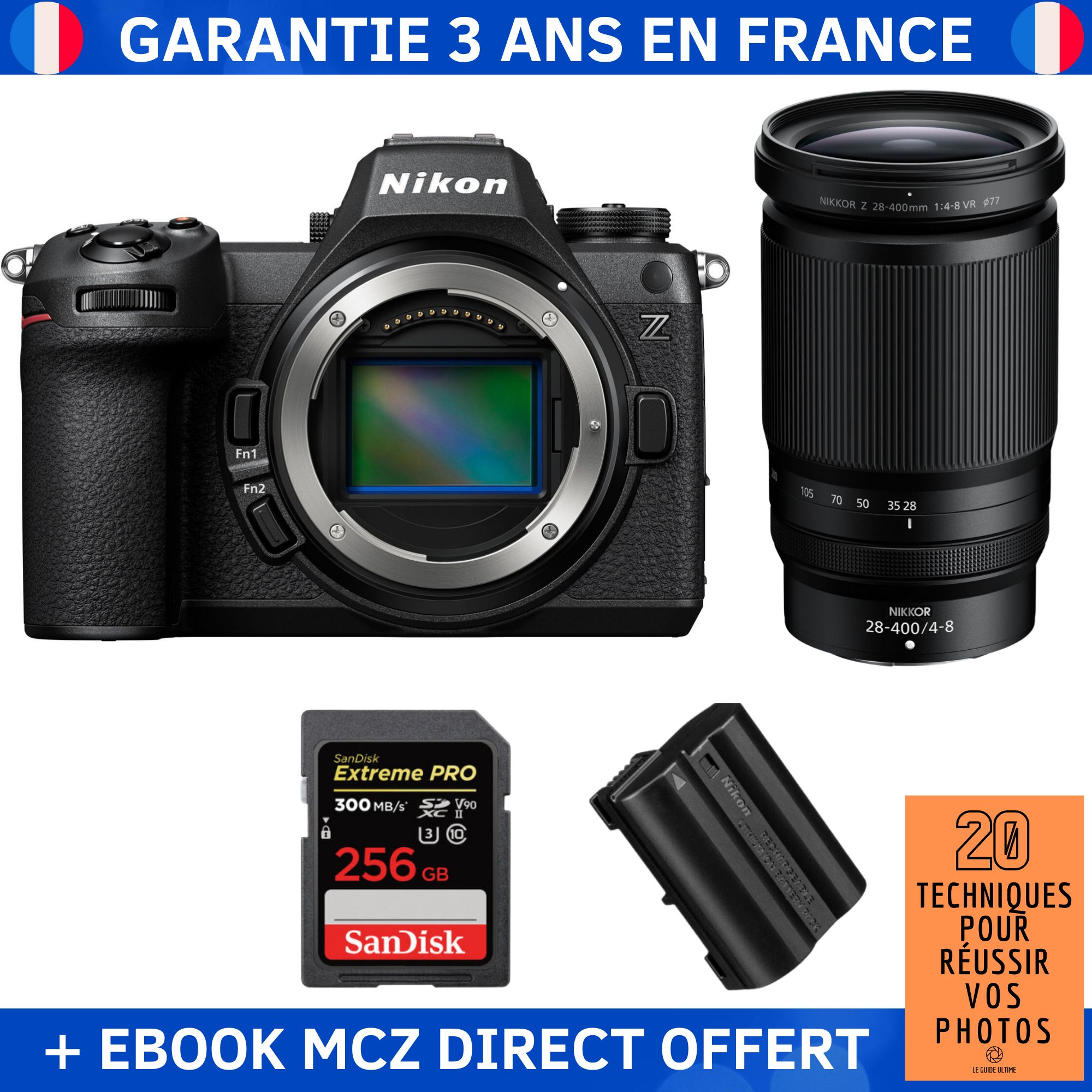 Nikon Z6 III + Z 28-400mm f/4-8 VR + 1 SanDisk 256GB Extreme PRO UHS-II SDXC 300MB/s + 1 Nikon EN-EL15c + Ebook '20 Techniques pour Réussir vos Photos' - Hybrid Camera