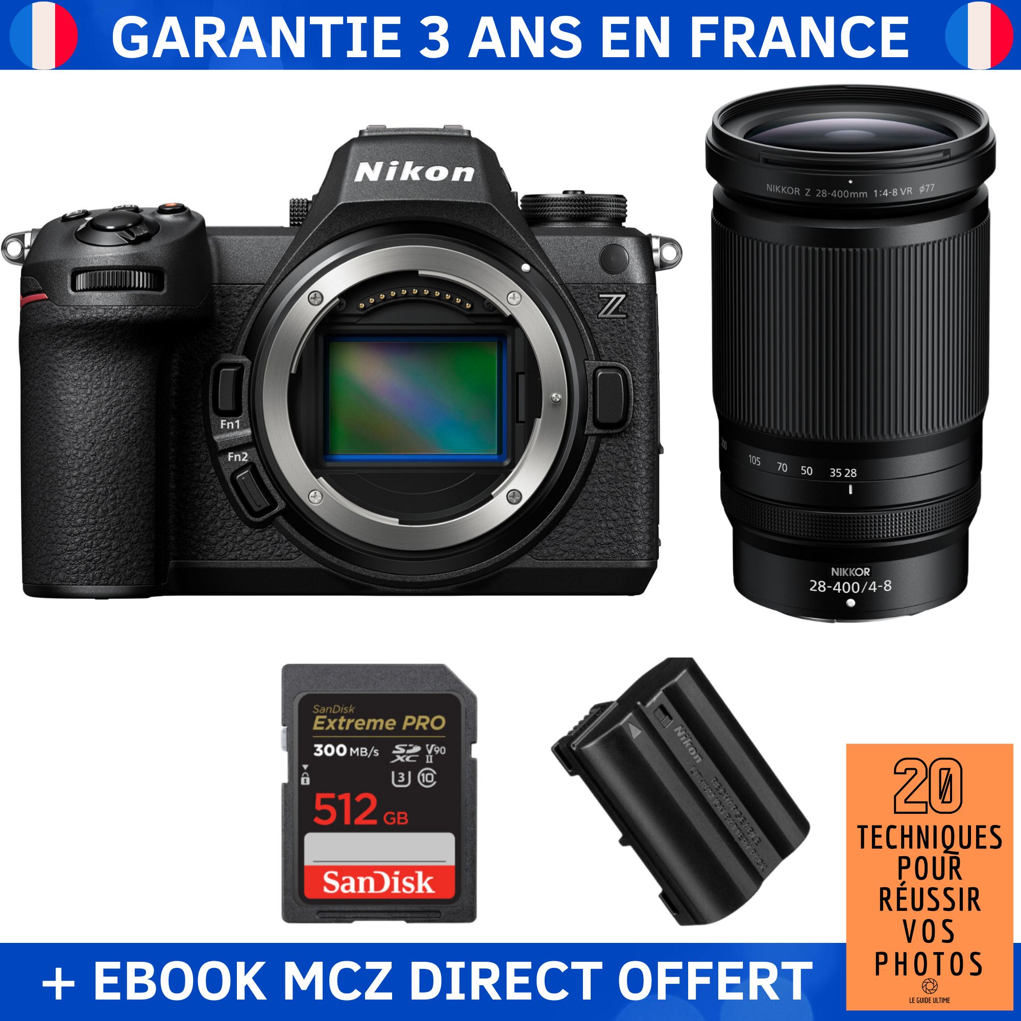Nikon Z6 III + Z 28-400mm f/4-8 VR + 1 SanDisk 512GB Extreme PRO UHS-II SDXC 300MB/s + 1 Nikon EN-EL15c + Ebook '20 Techniques pour Réussir vos Photos' - Hybrid Camera