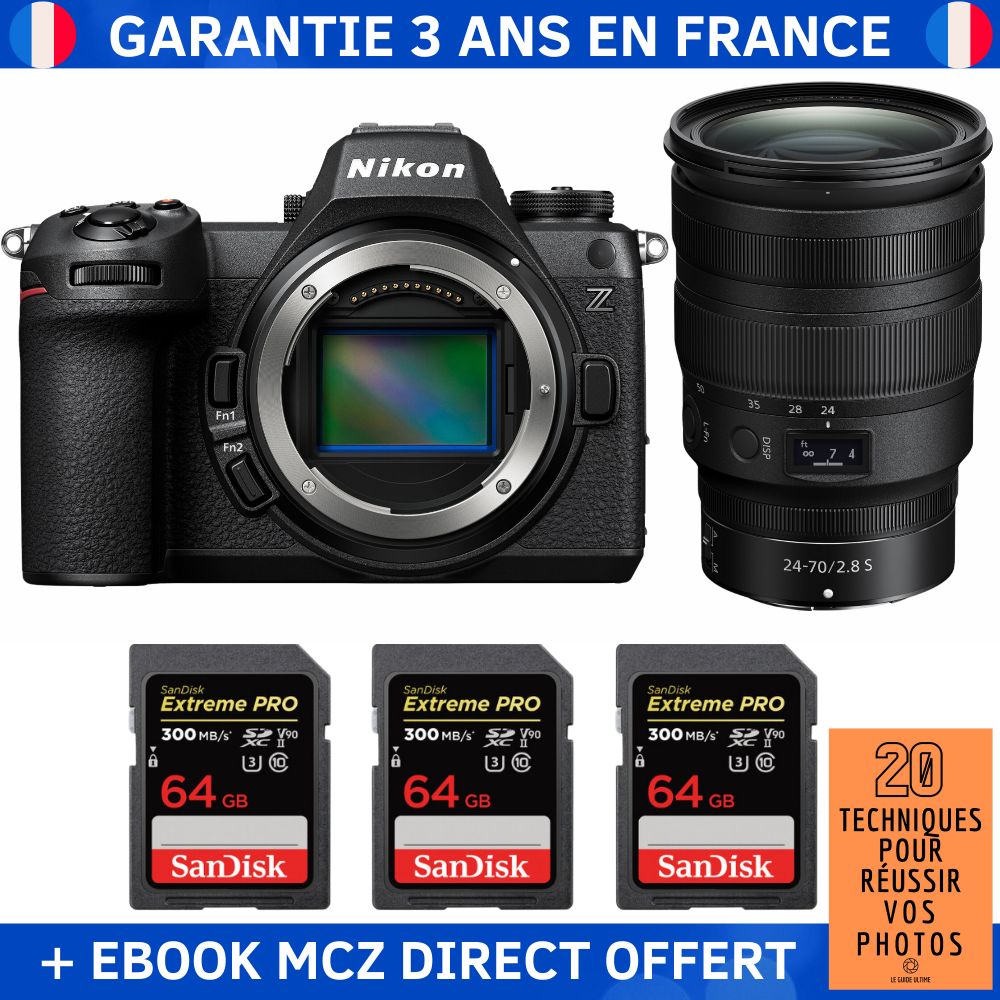 Nikon Z6 III + Z 24-70mm f/2.8 S Lens + 3 SanDisk 64GB Extreme PRO UHS-II SDXC Cards + '20 Techniques pour Réussir vos Photos' Ebook - Nikon Hybrid Camera