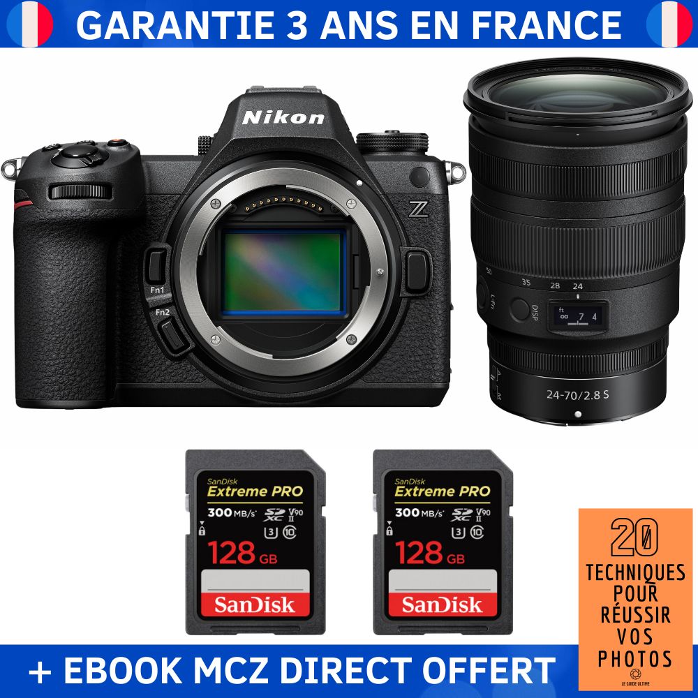 Nikon Z6 III 24MP Full Frame Hybrid Camera + Z 24-70mm f/2.8 S Lens + 2x 128GB SanDisk Extreme PRO UHS-II SDXC Cards + '20 Techniques pour Réussir vos Photos' Ebook