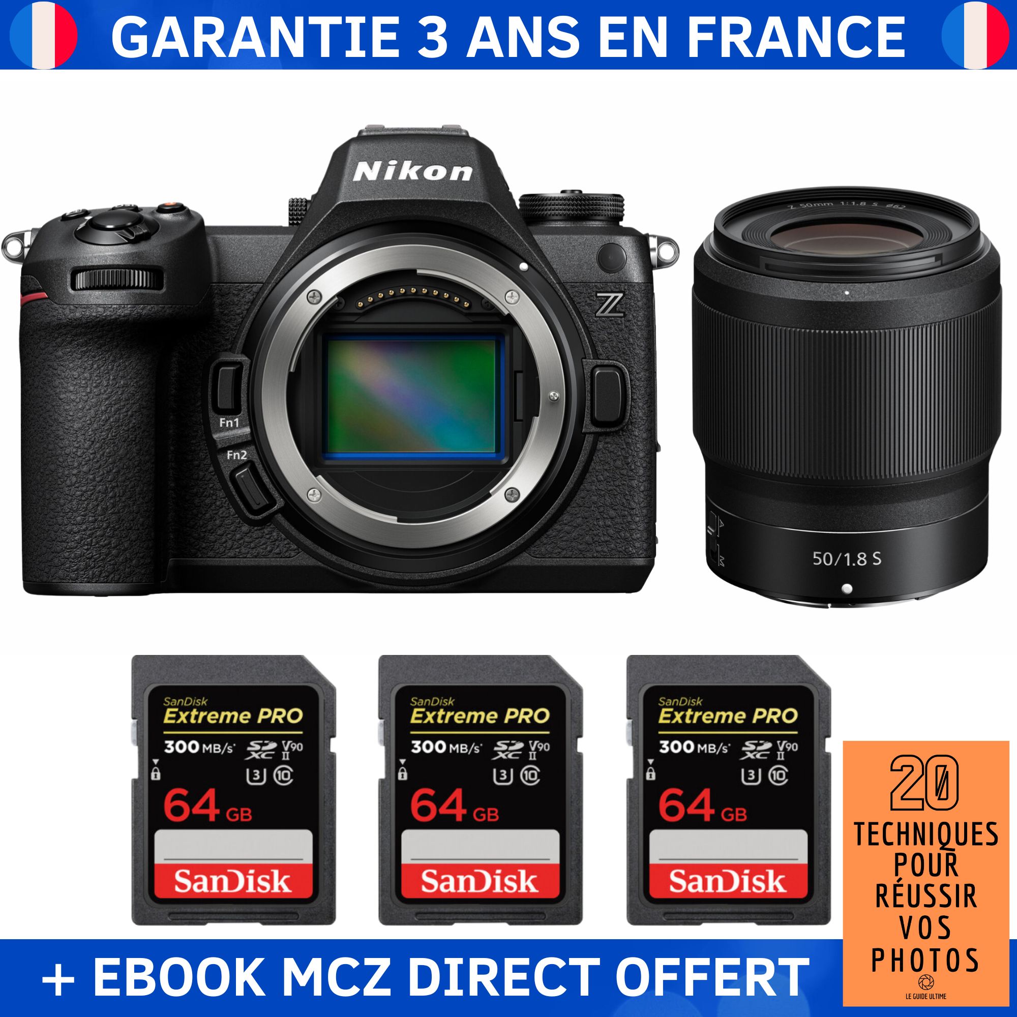 Nikon Z6 III + Z 50mm f/1.8 S Lens + 3 SanDisk 64GB Extreme PRO UHS-II SDXC Cards + '20 Techniques pour Réussir vos Photos' Ebook - Hybrid Camera