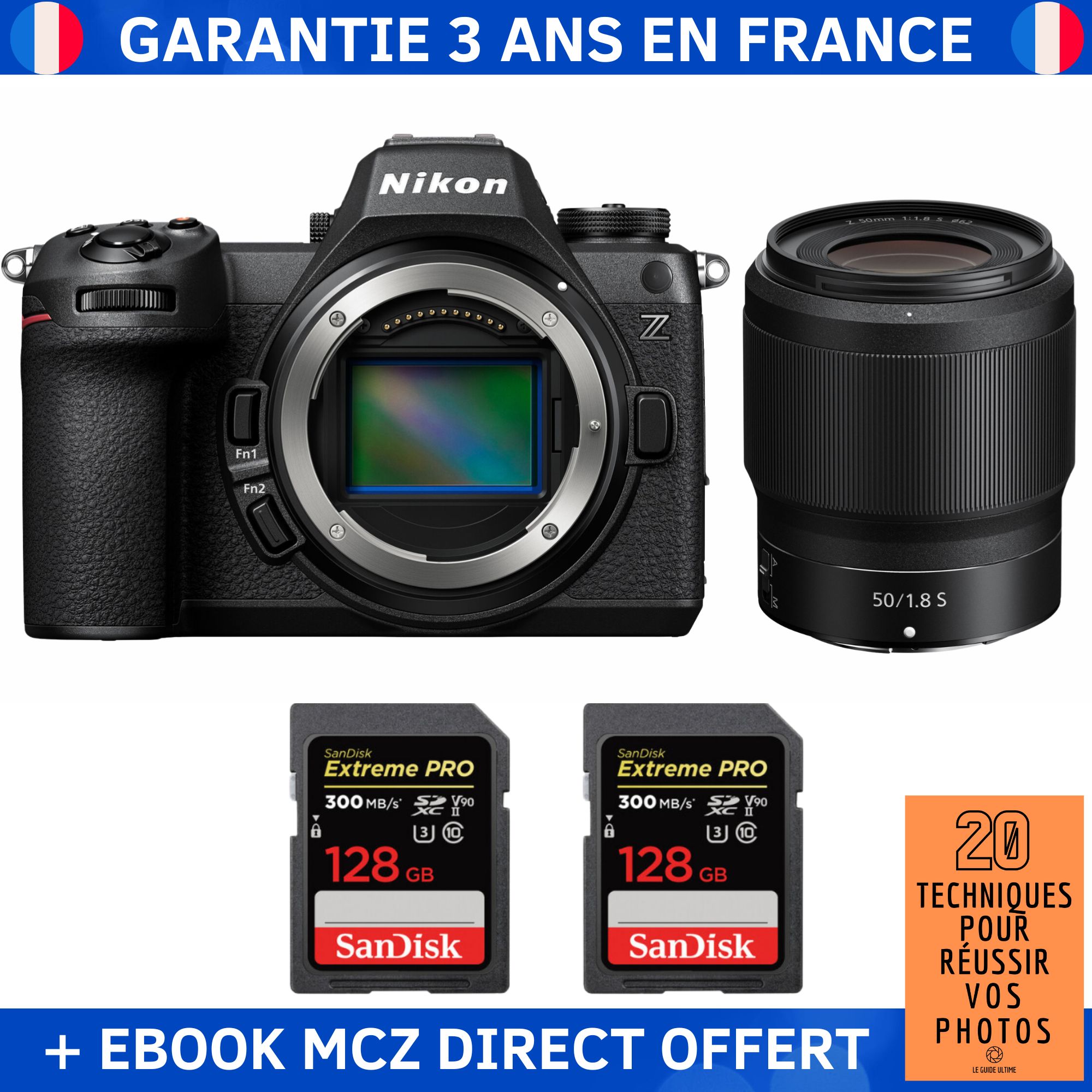 Nikon Z6 III + Z 50mm f/1.8 S Lens + 2x 128GB SanDisk Extreme PRO UHS-II SDXC Memory Cards + '20 Techniques pour Réussir vos Photos' Ebook - Nikon Hybrid Camera