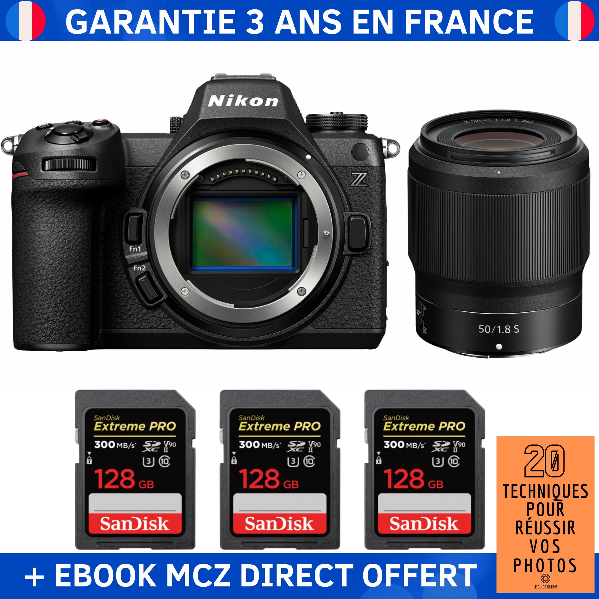 Nikon Z6 III + Z 50mm f/1.8 S Lens + 3 SanDisk 128GB Extreme PRO UHS-II SDXC Cards + '20 Techniques pour Réussir vos Photos' Ebook - Hybrid Camera