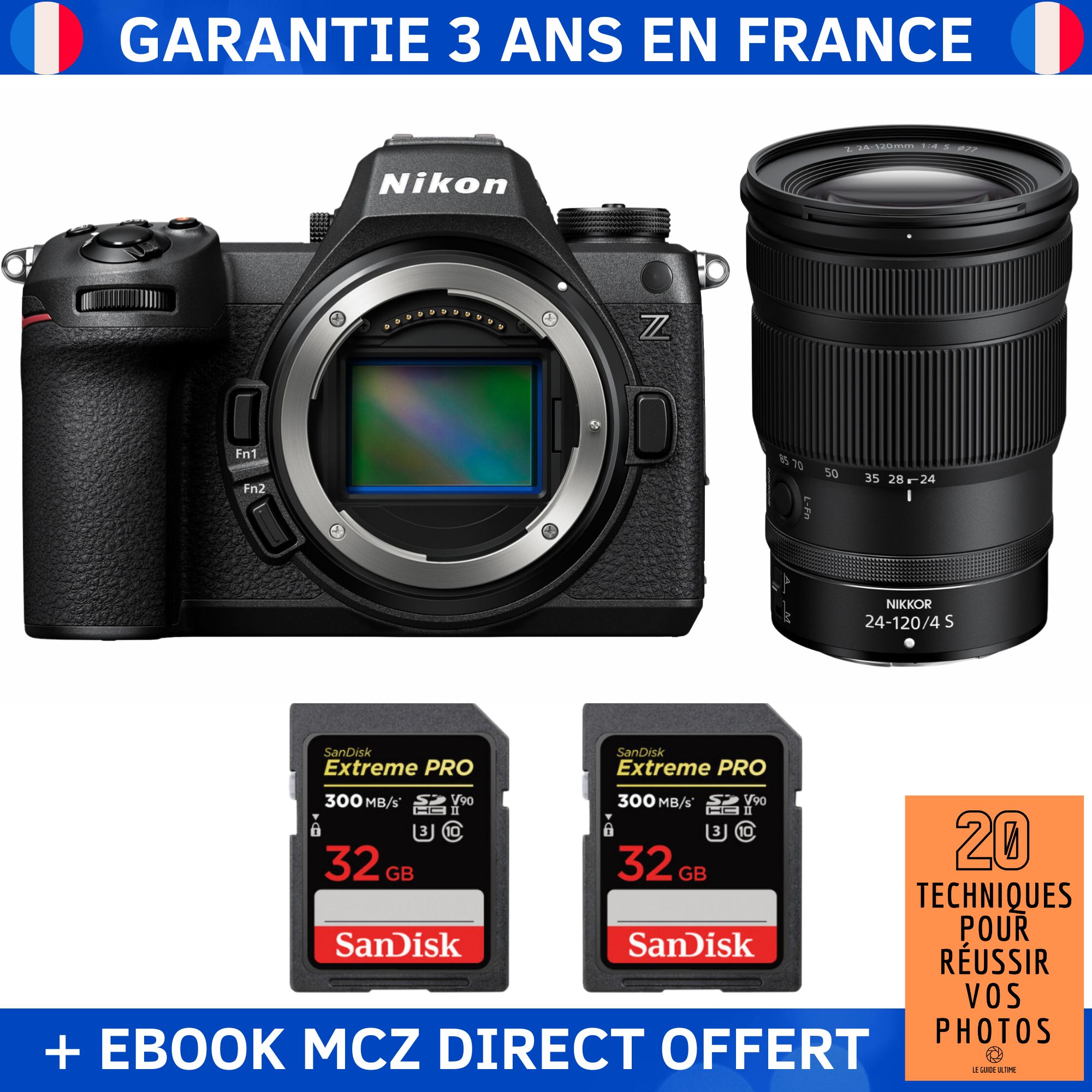 Nikon Z6 III Mirrorless Camera + Z 24-120mm f/4 S Lens + 2 SanDisk 32GB Extreme PRO UHS-II SDXC Cards + '20 Techniques pour Réussir vos Photos' Ebook