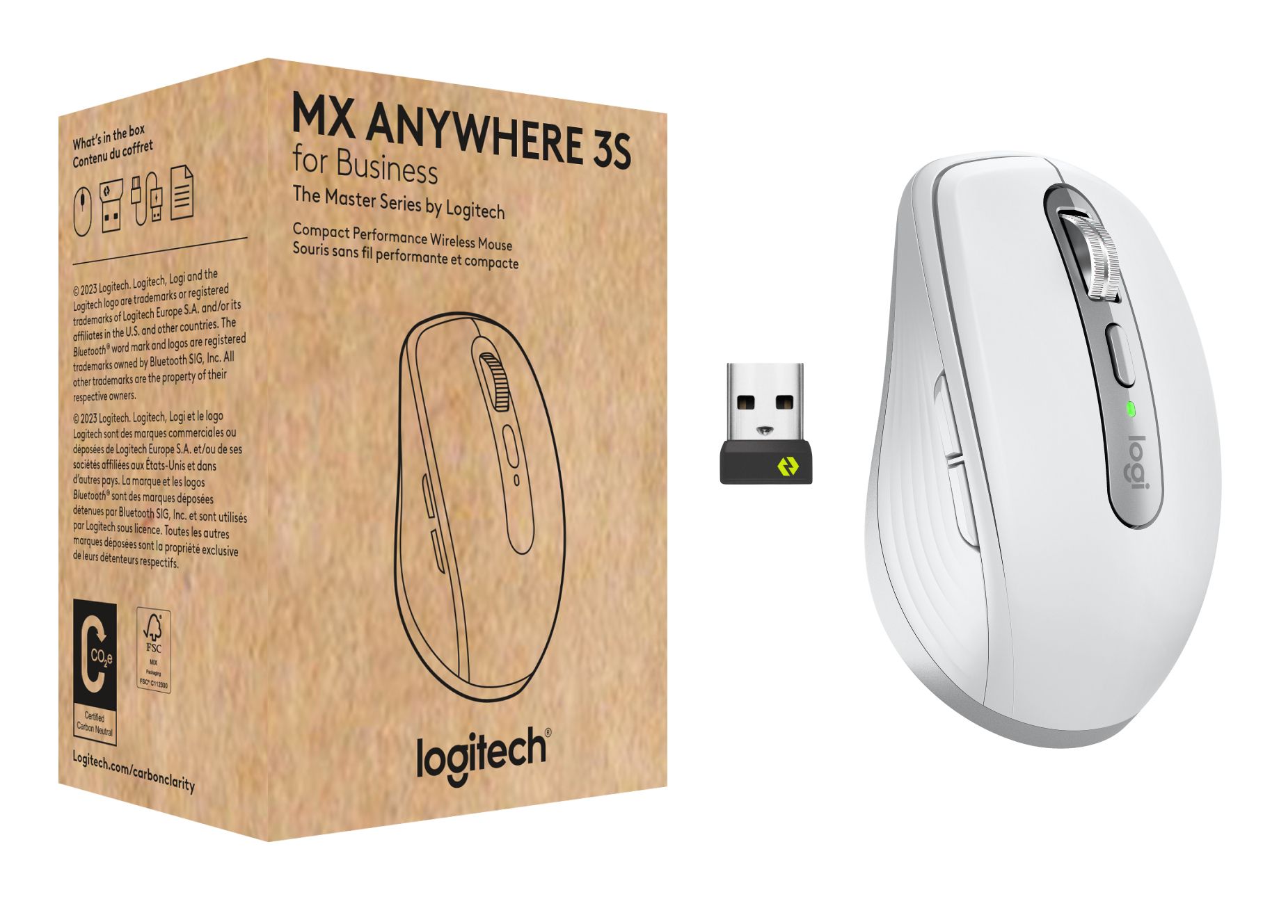 Logitech MX Anywhere 3S for Business - Wireless Mouse - Right-Handed - Optical - 6 Buttons - Bluetooth - USB Receiver Logitech Logi Bolt - Light Gray