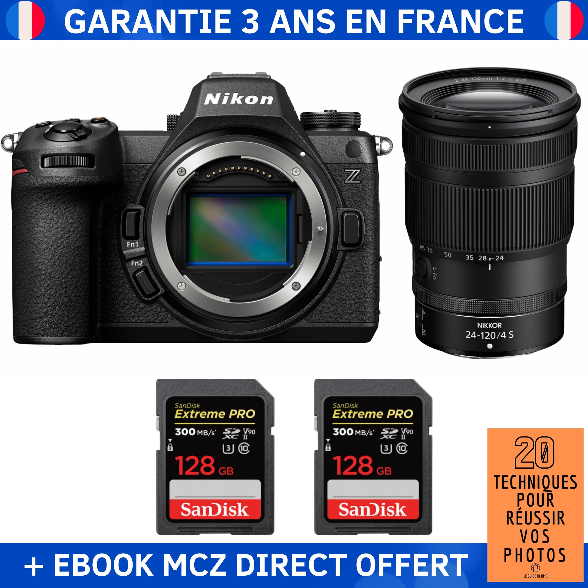 Nikon Z6 III Mirrorless Camera + Z 24-120mm f/4 S Lens + 2 SanDisk 128GB Extreme PRO UHS-II SDXC Cards + '20 Techniques pour Réussir vos Photos' Ebook - Nikon Hybrid Camera