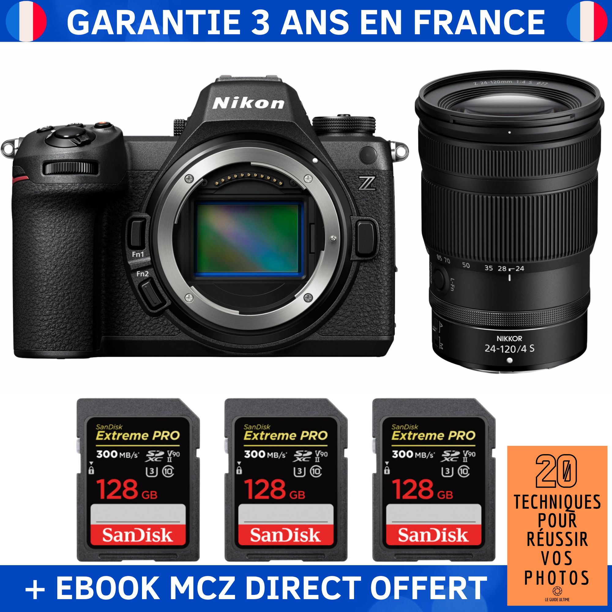 Nikon Z6 III Mirrorless Camera + Z 24-120mm f/4 S Lens + 3 SanDisk 128GB Extreme PRO UHS-II SDXC Cards + '20 Techniques pour Réussir vos Photos' Ebook - Nikon Hybrid Camera