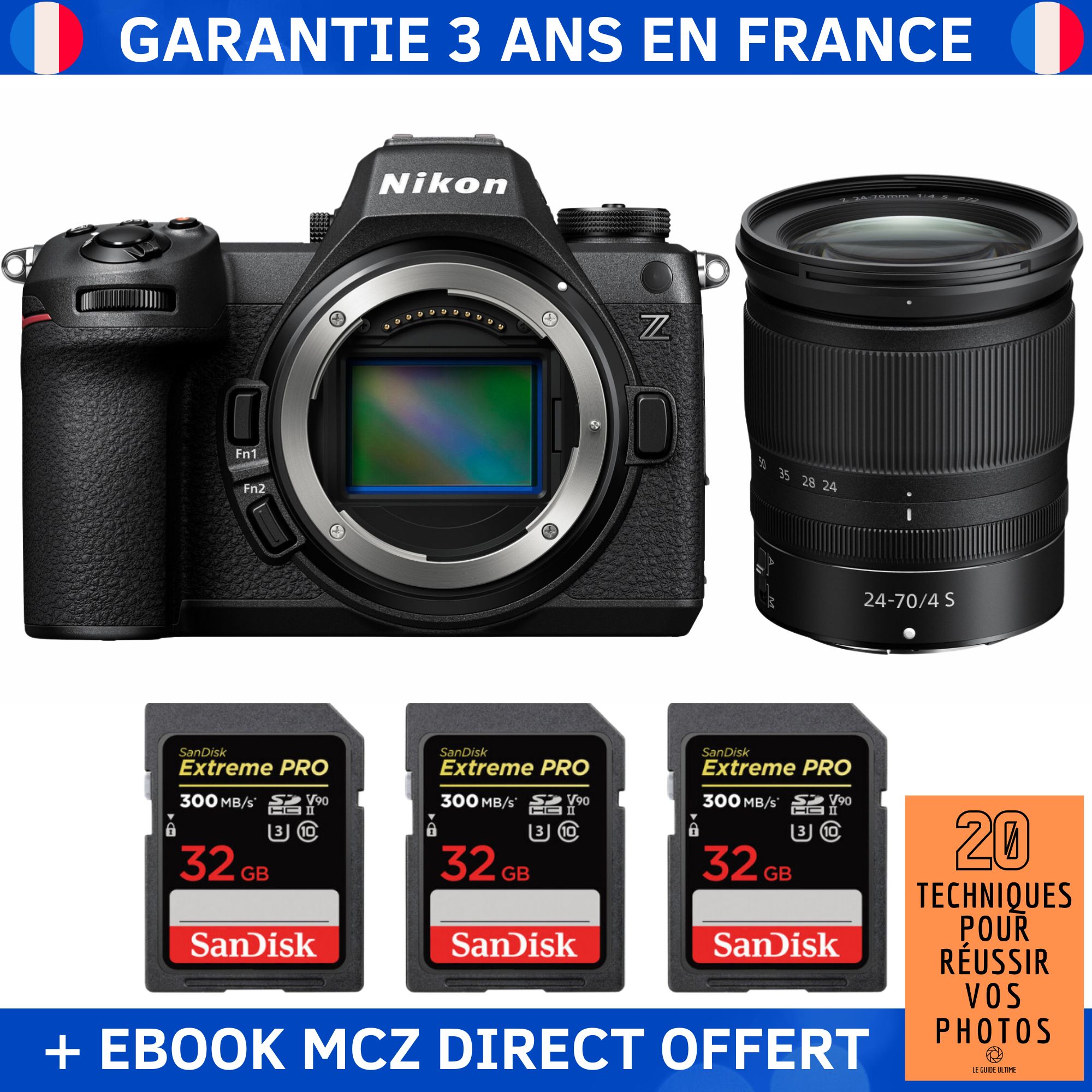Nikon Z6 III + Z 24-70mm f/4 S Lens + 3x 32GB SanDisk Extreme PRO UHS-II SDXC Cards + '20 Techniques pour Réussir vos Photos' Ebook - Nikon Hybrid Camera