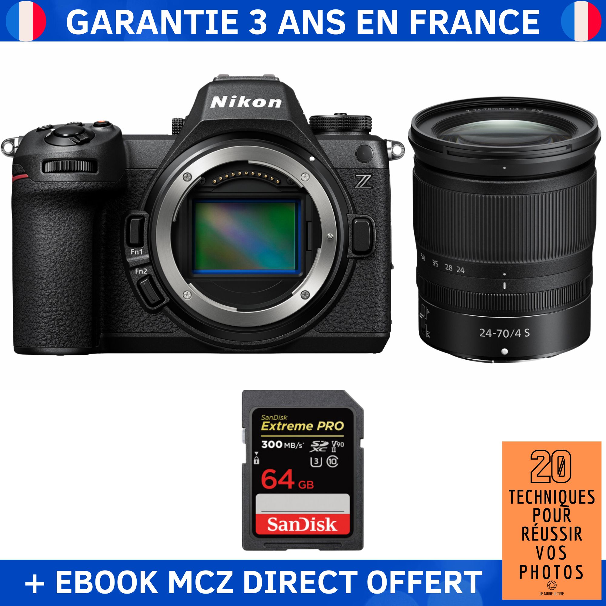 Nikon Z6 III Hybrid Camera + Z 24-70mm f/4 S Lens + 1 SanDisk 64GB Extreme PRO UHS-II SDXC Card 300MB/s + '20 Techniques pour Réussir vos Photos' Ebook - Nikon Hybrid Camera