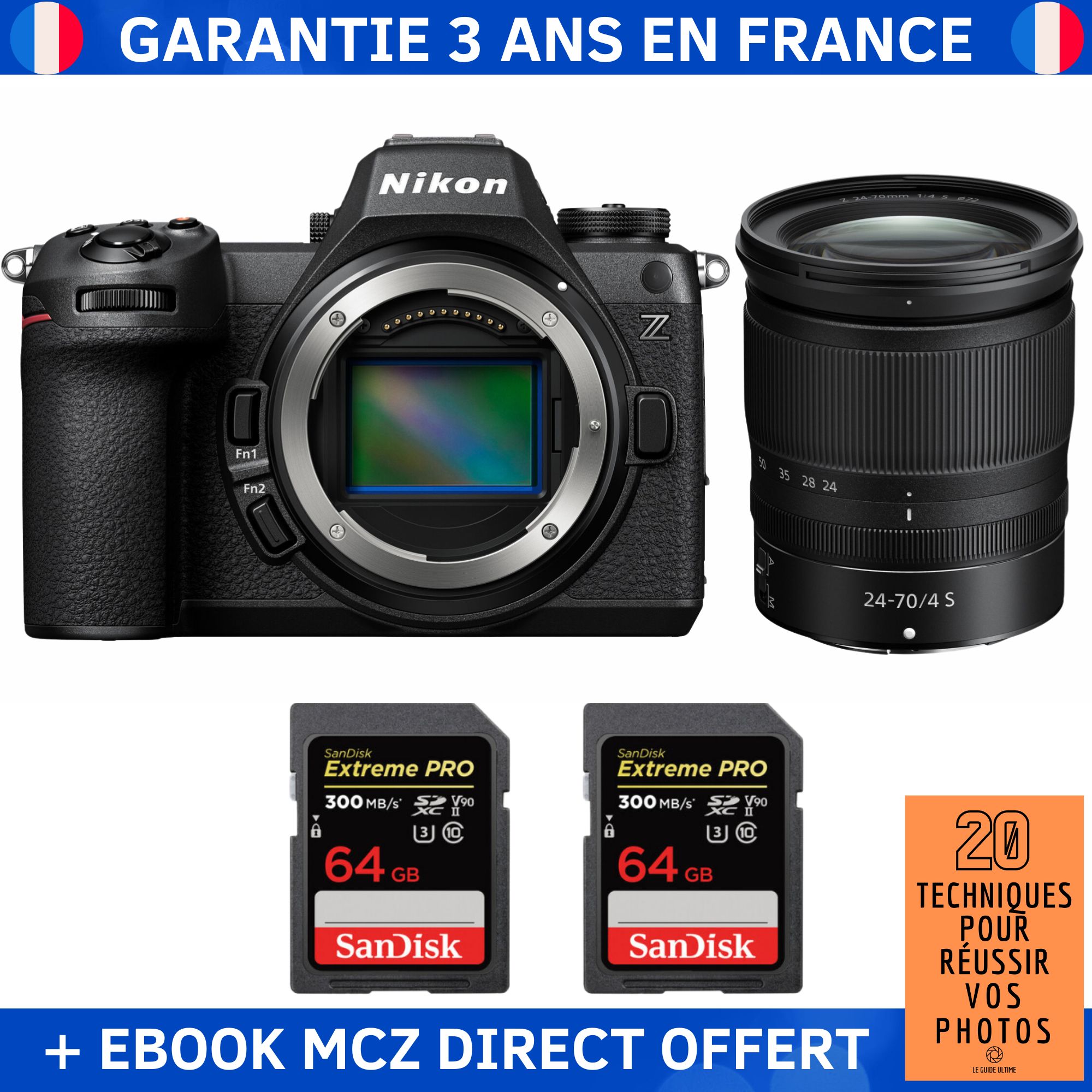 Nikon Z6 III + Z 24-70mm f/4 S Lens + 2 SanDisk 64GB Extreme PRO UHS-II SDXC Cards + '20 Techniques pour Réussir vos Photos' Ebook - Nikon Hybrid Camera