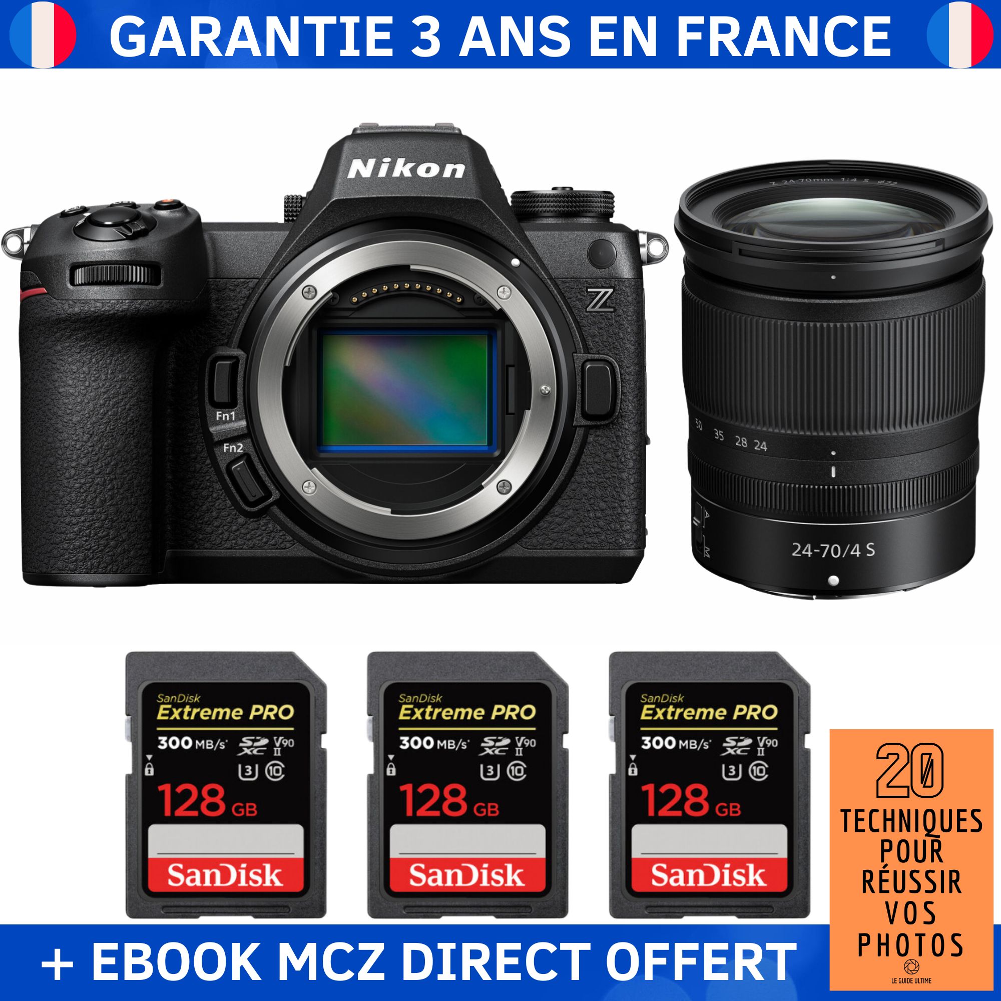 Nikon Z6 III + Z 24-70mm f/4 S Lens + 3x 128GB SanDisk Extreme PRO UHS-II SDXC Cards + '20 Techniques for Success in Photography' Ebook - Nikon Hybrid Camera
