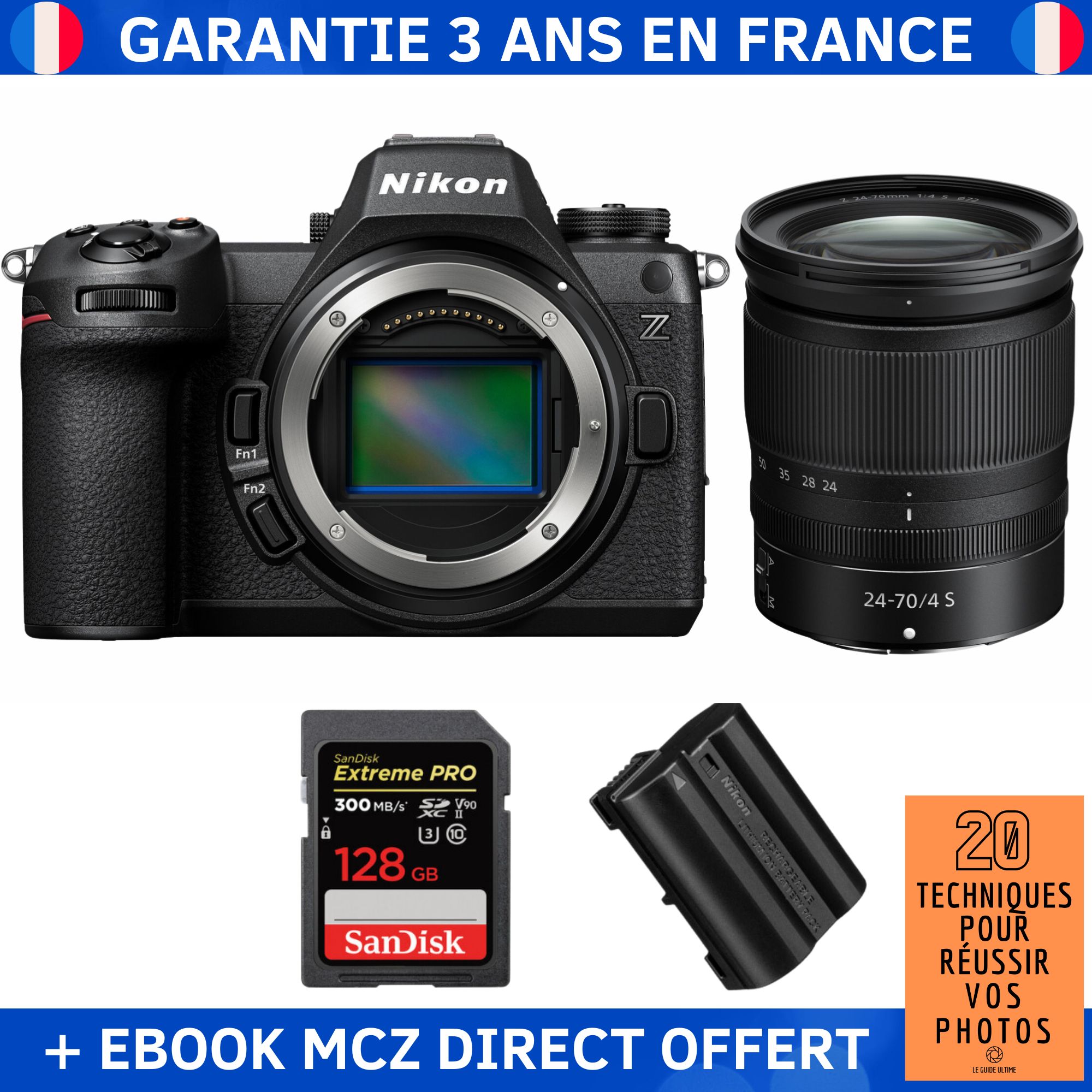 Nikon Z6 III Kit with Z 24-70mm f/4 S Lens + 1 SanDisk 128GB Extreme PRO UHS-II SDXC Card + 1 Nikon EN-EL15c Battery + Ebook '20 Techniques pour Réussir vos Photos' - Hybrid Camera
