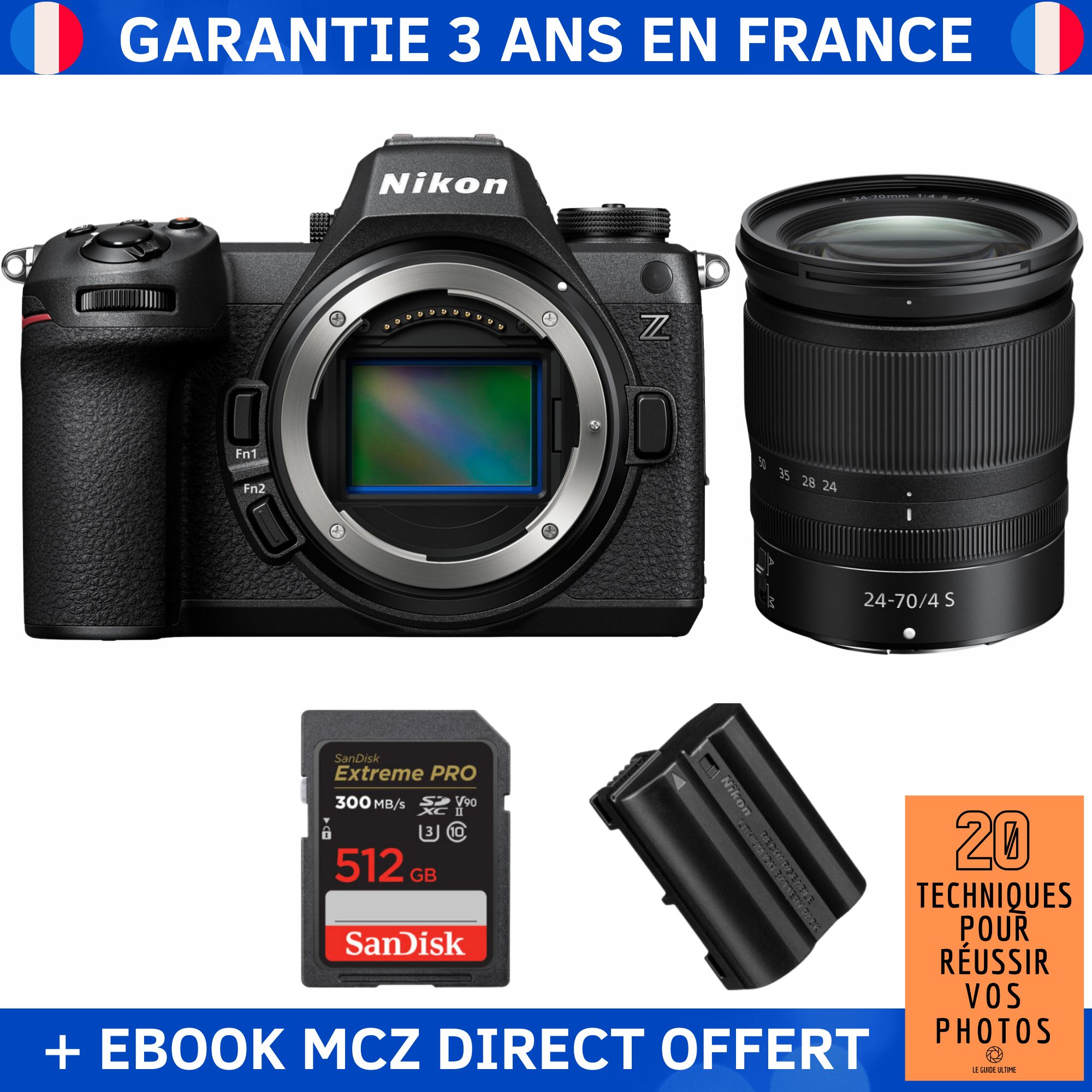 Nikon Z6 III + Z 24-70mm f/4 S Lens + 512GB SanDisk Extreme PRO UHS-II SDXC Card + EN-EL15c Battery + '20 Techniques pour Réussir vos Photos' Ebook - Nikon Hybrid Camera