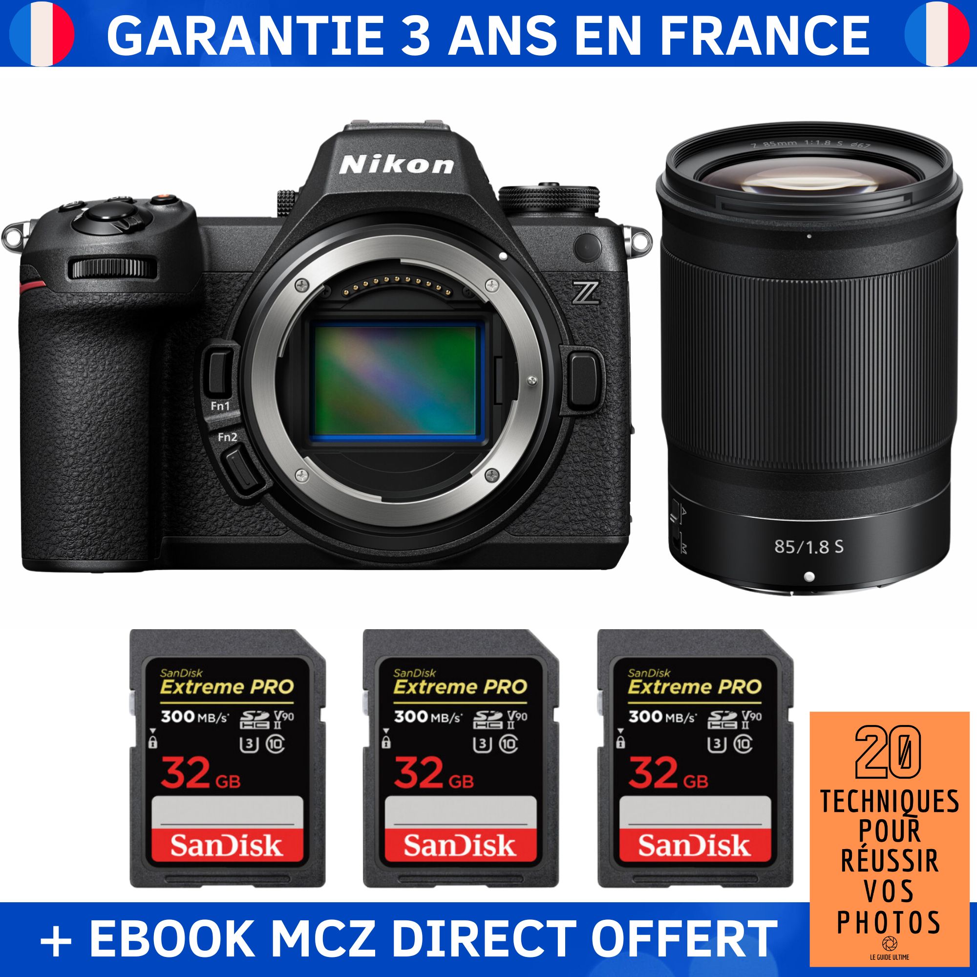 Nikon Z6 III + Z 85mm f/1.8 S Lens + 3 SanDisk 32GB Extreme PRO UHS-II SDXC Cards + '20 Techniques pour Réussir vos Photos' Ebook - Nikon Hybrid Camera
