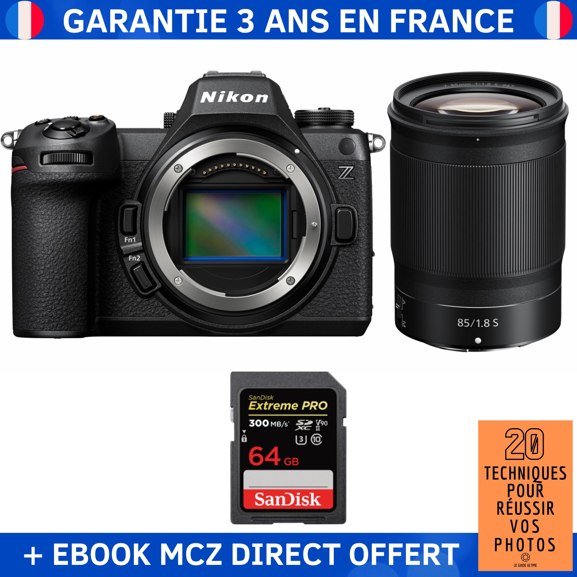 Appareil photo hybride Nikon Z6 III + objectif Z 85mm f/1.8 S + 1 carte SanDisk 64 Go Extreme PRO UHS-II SDXC 300 Mo/s + ebook '20 Techniques pour Réussir vos Photos'