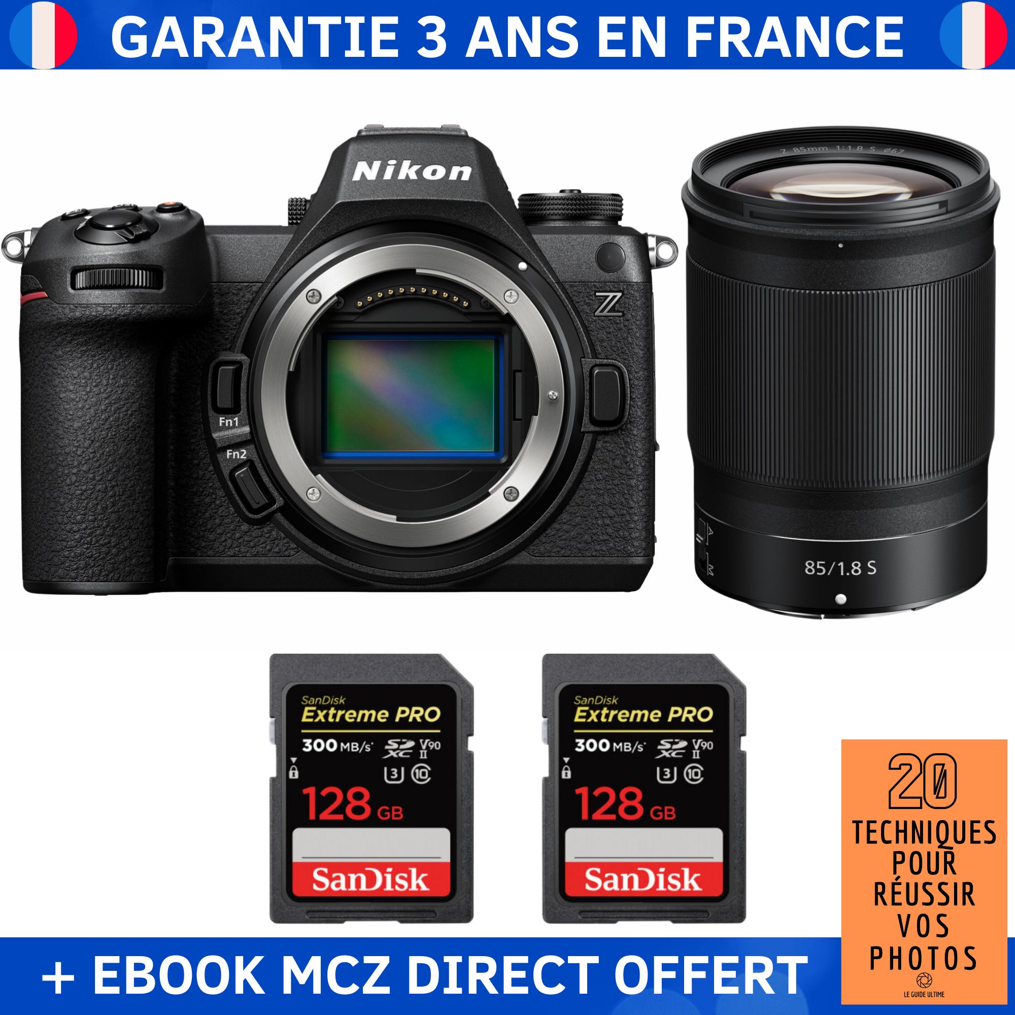Nikon Z6 III + Z 85mm f/1.8 S + 2x 128GB SanDisk Extreme PRO UHS-II SDXC 300MB/s + Ebook '20 Techniques pour Réussir vos Photos' - Hybrid Camera