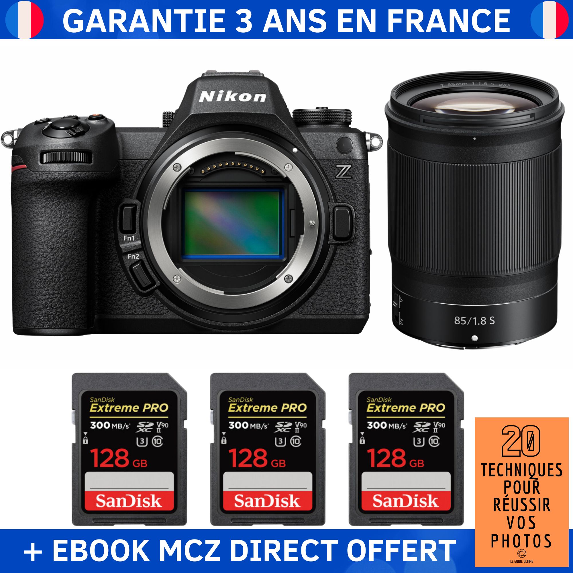 Nikon Z6 III Mirrorless Camera + Z 85mm f/1.8 S Lens + 3 SanDisk 128GB Extreme PRO UHS-II SDXC Cards + '20 Techniques pour Réussir vos Photos' Ebook - Nikon Hybrid Camera