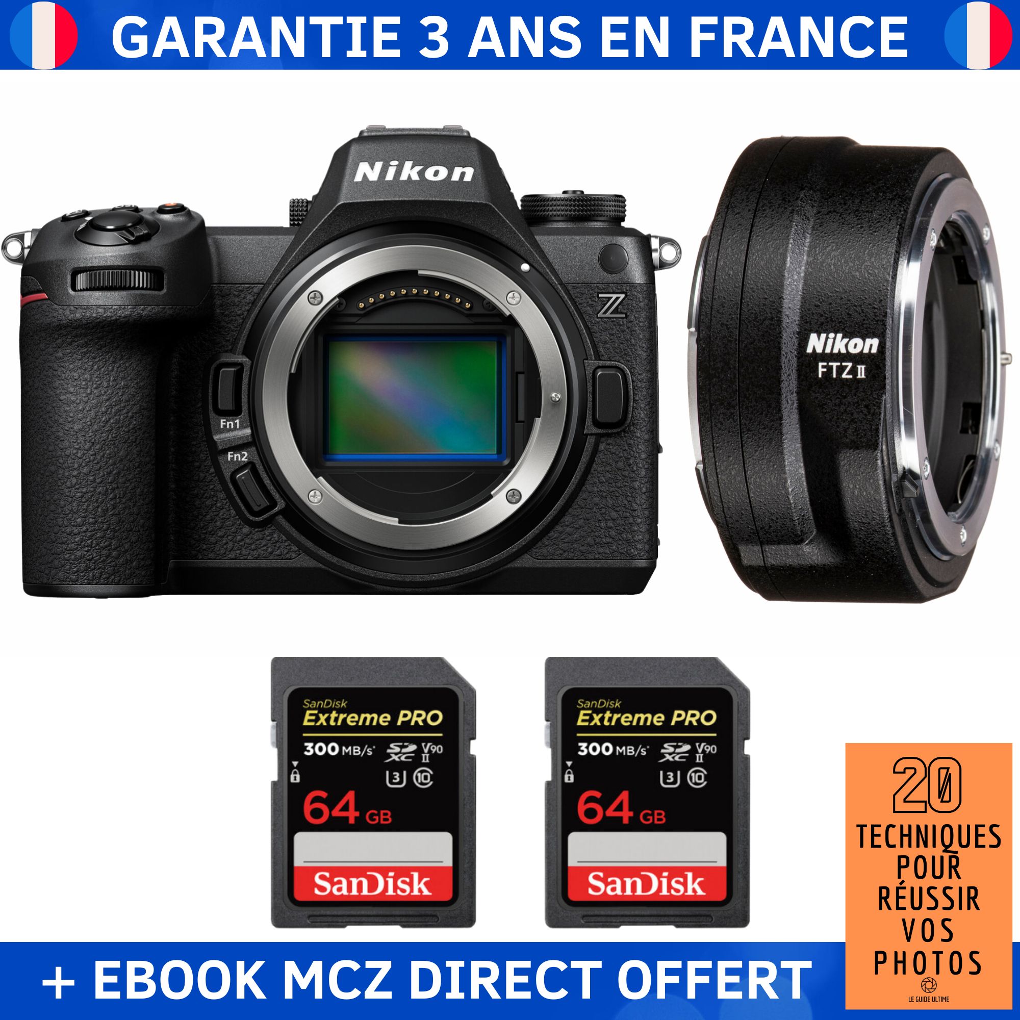 Nikon Z6 III + FTZ II + 2 SanDisk 64GB Extreme PRO UHS-II SDXC 300MB/s + Ebook '20 Techniques pour Réussir vos Photos' - Nikon Hybrid Camera