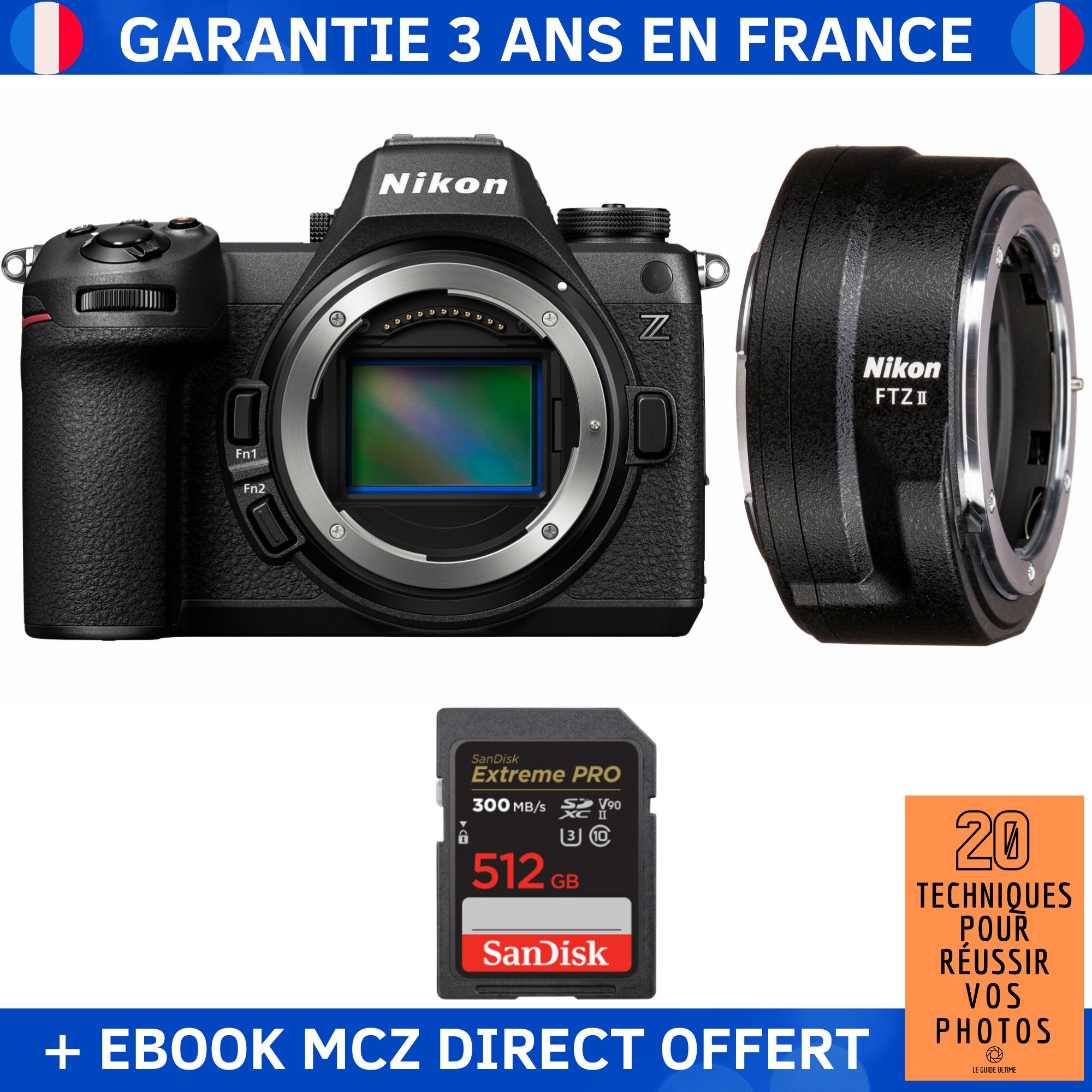 Appareil photo hybride Nikon Z6 III + FTZ II + 1 carte SD SanDisk 512 Go Extreme PRO UHS-II 300 Mo/s + ebook '20 techniques pour réussir vos photos'