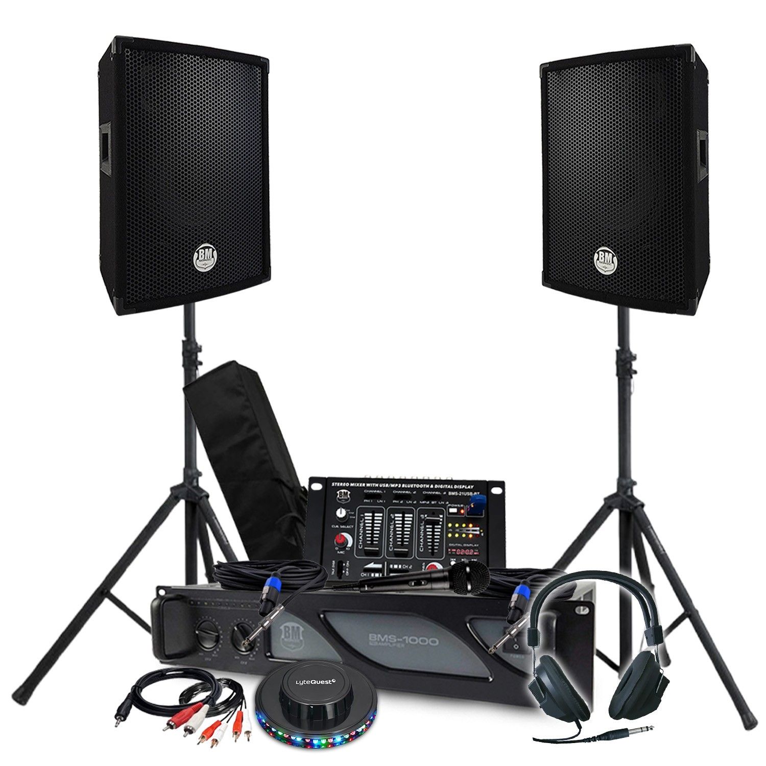 BM Sonic Pack Sono 1600W - Amplifier 1000W, Speakers, Mixer, Stand, Headphones, Cables, LED UFO Light