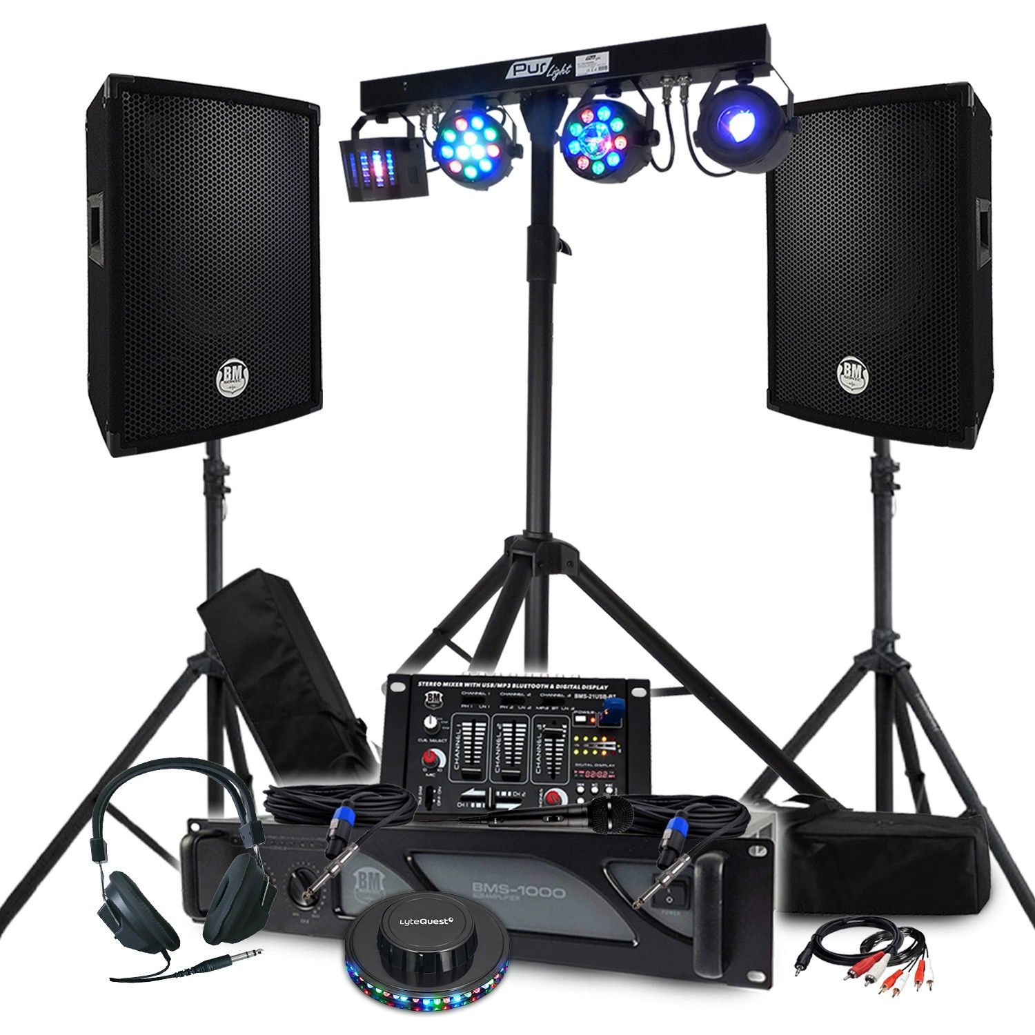 Kit DJ BM SONIC - Amplificador 1000W, Altavoces 600W, Mesa de Mezcla + Efectos de Luz