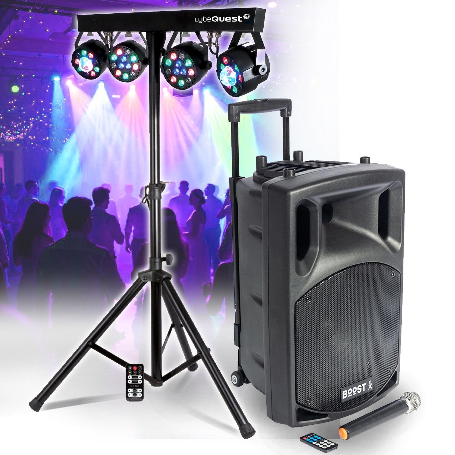 Lytequest BOOST150VHF-BT Portable Active Speaker - 800W - 15/38CM USB Bluetooth, 1 VHF Microphone, Light Tower for DJ Events
