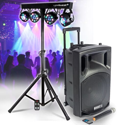 Altavoz portátil activo Lytequest BOOST150VHF-BT - 800W - 15/38CM USB Bluetooth, 1 micrófono VHF, torre de luz para eventos DJ