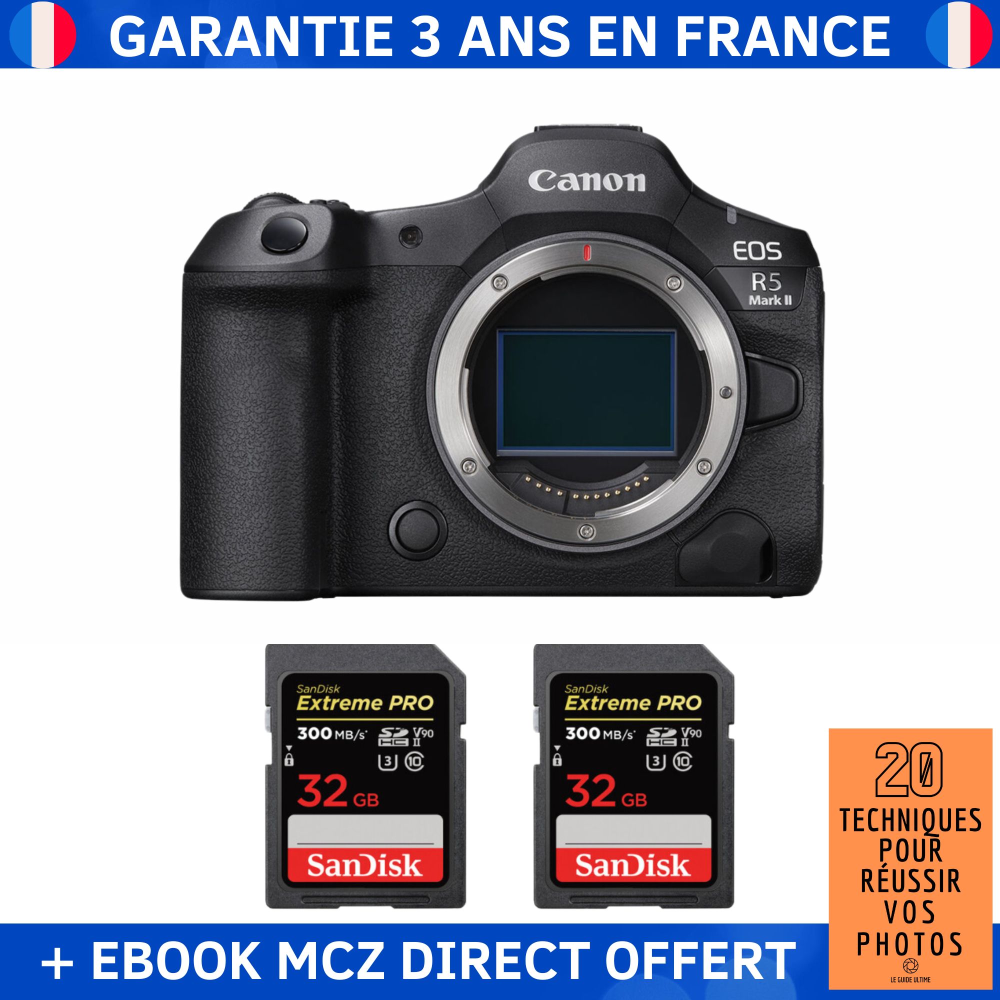 Canon EOS R5 Mark II + 2 SanDisk 32GB Extreme PRO UHS-II SDXC 300MB/s Memory Cards + '20 Techniques pour Réussir vos Photos' Ebook - Hybrid Camera