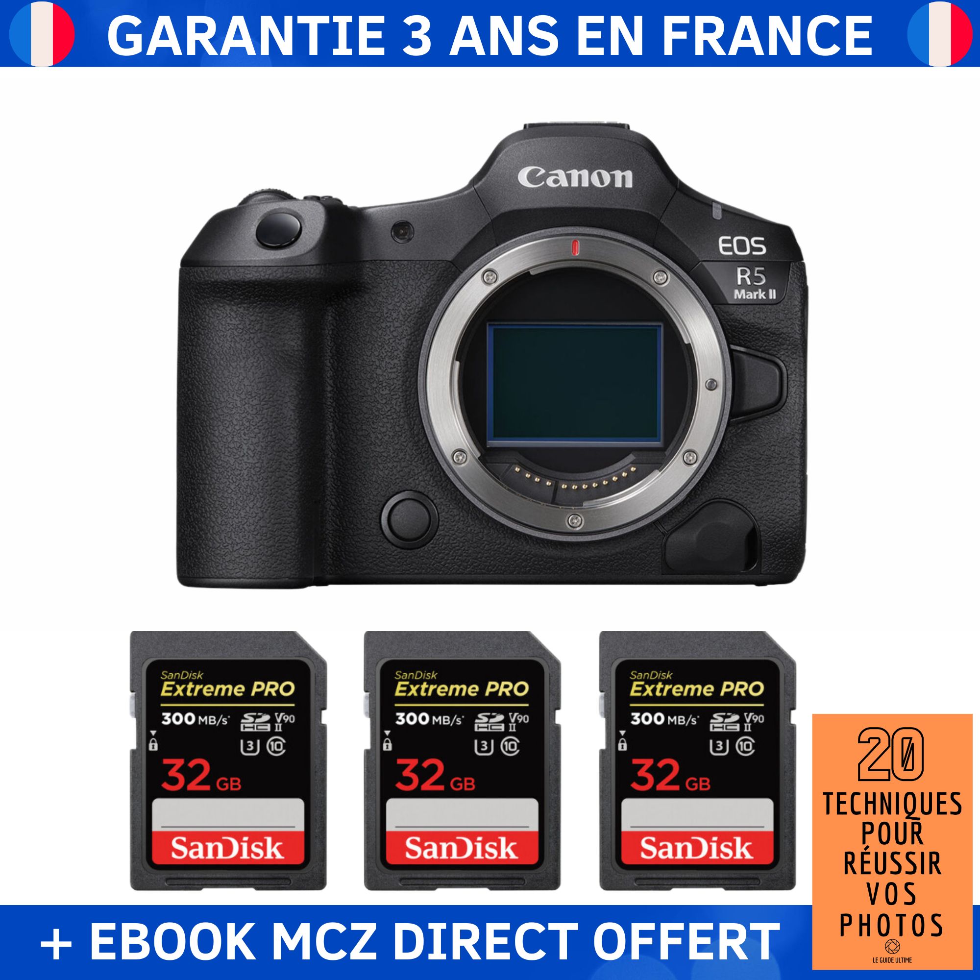 Canon EOS R5 Mark II + 3 SanDisk 32GB Extreme PRO UHS-II SDXC 300MB/s + Ebook '20 Techniques pour Réussir vos Photos' - Hybrid Camera Canon