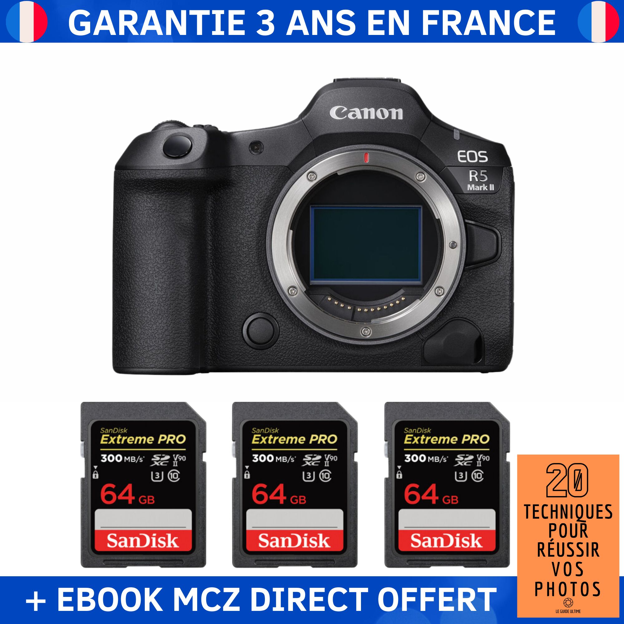 Canon EOS R5 Mark II + 3 SanDisk 64GB Extreme PRO UHS-II SDXC 300MB/s Memory Cards + '20 Techniques pour Réussir vos Photos' Ebook - Hybrid Camera