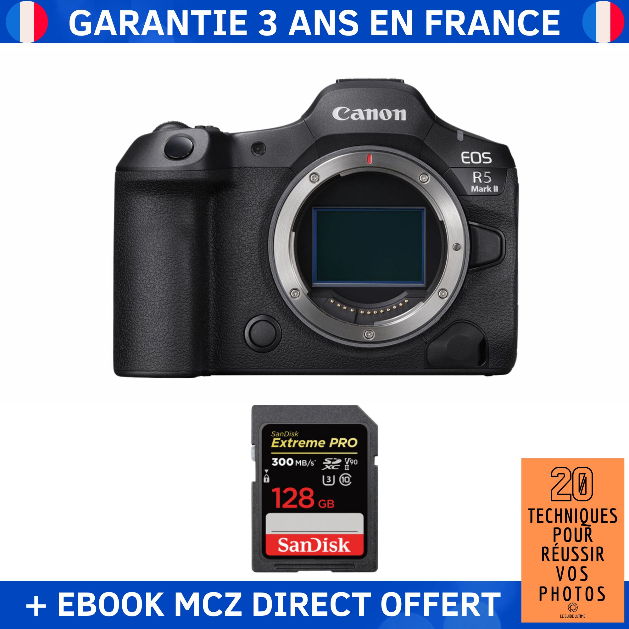 Canon EOS R5 Mark II + 1 SanDisk 128GB Extreme PRO UHS-II SDXC 300MB/s Memory Card + '20 Techniques pour Réussir vos Photos' Ebook - Hybrid Camera