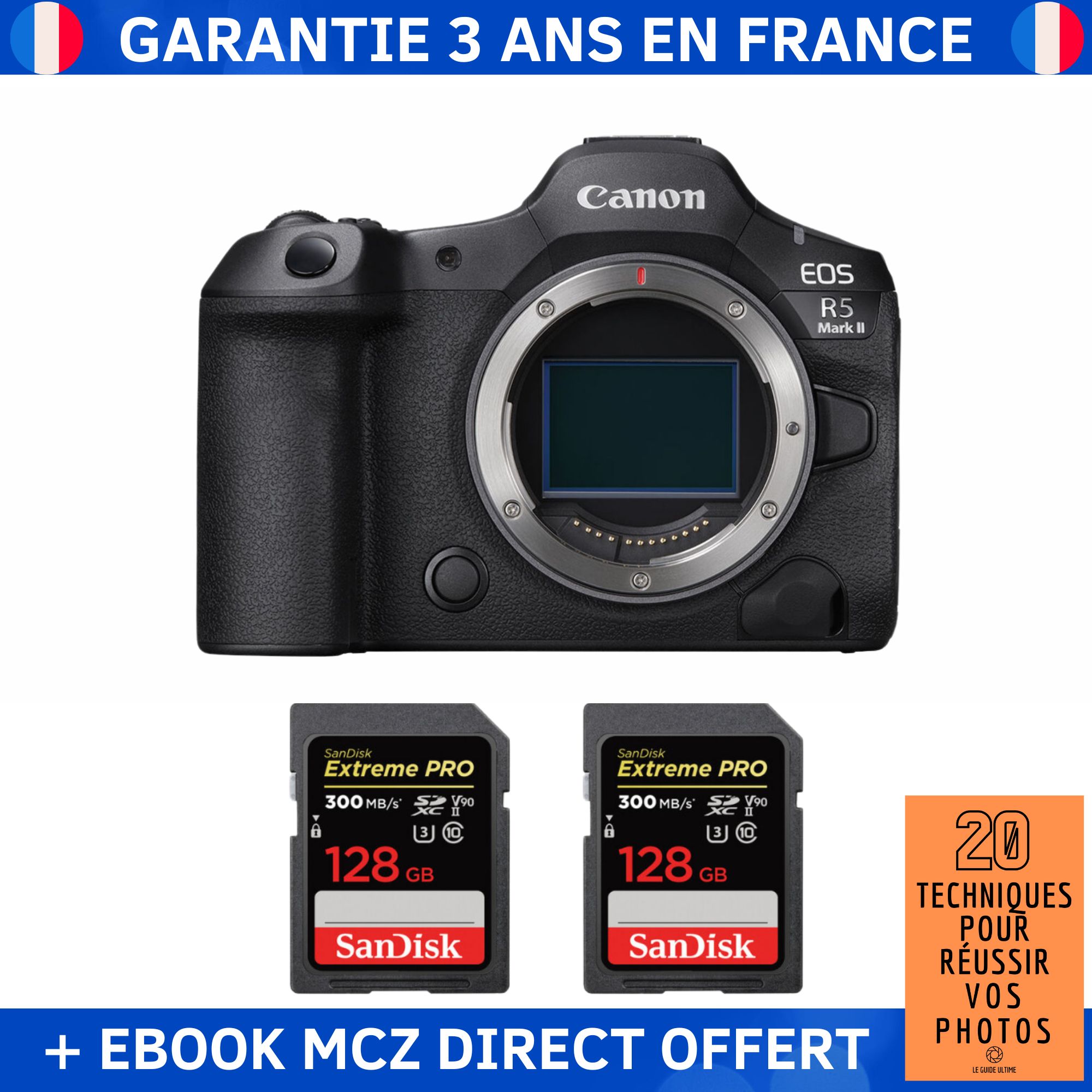 Canon EOS R5 Mark II + 2 SanDisk 128GB Extreme PRO UHS-II SDXC 300MB/s + Ebook '20 Techniques pour Réussir vos Photos' - Hybrid Camera Canon