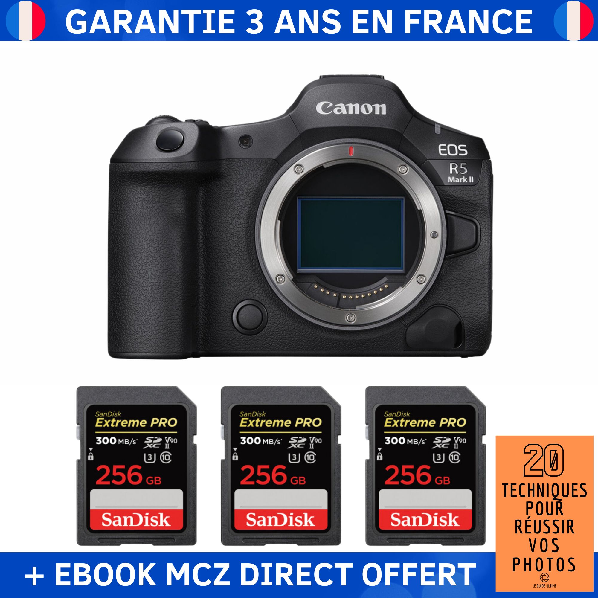 Canon EOS R5 Mark II + 3 SanDisk 256GB Extreme PRO UHS-II SDXC 300MB/s + Ebook '20 Techniques pour Réussir vos Photos' - Hybrid Camera Canon