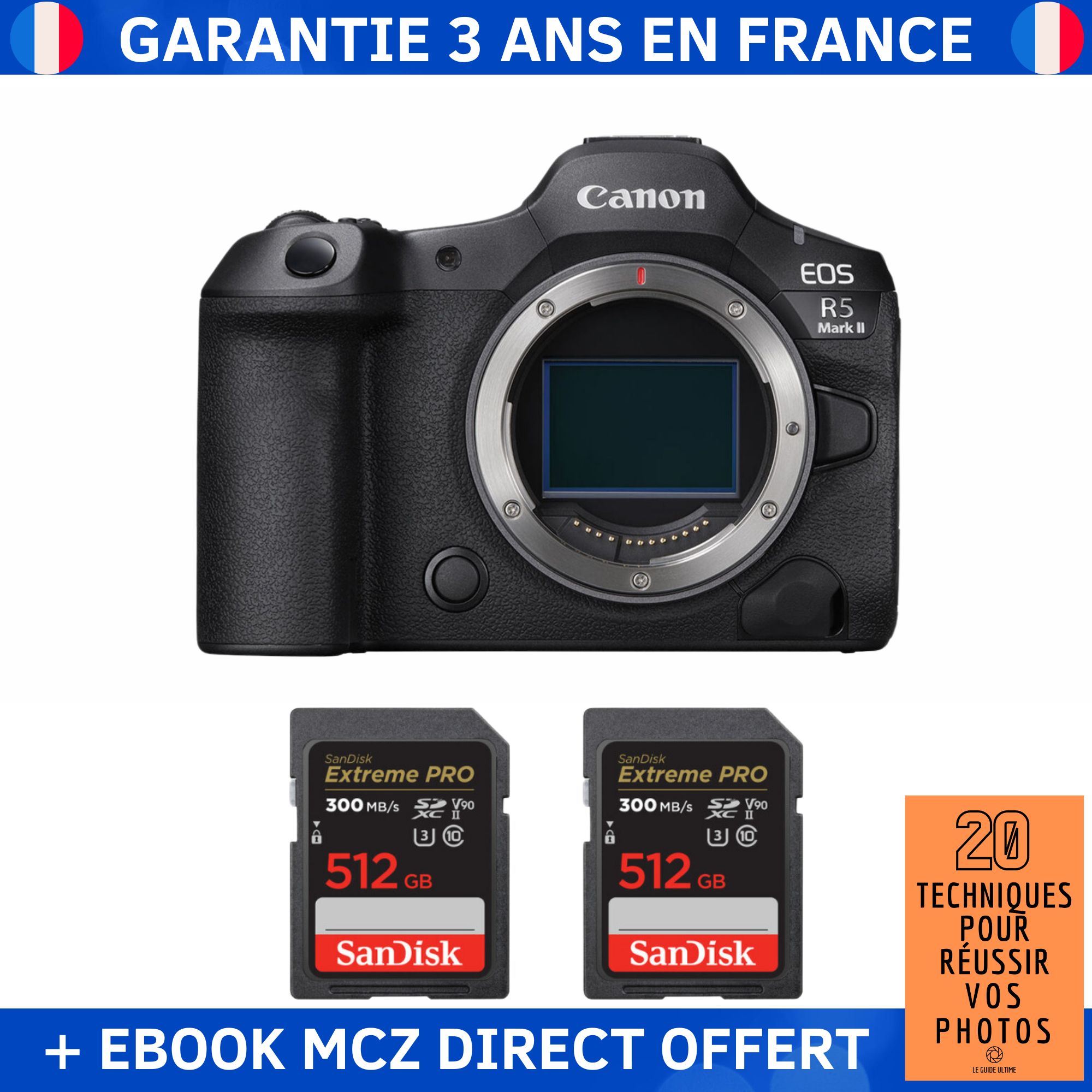 Canon EOS R5 Mark II + 2 SanDisk 512GB Extreme PRO UHS-II SDXC 300 MB/s + Ebook '20 Techniques pour Réussir vos Photos' - Hybrid Camera Canon