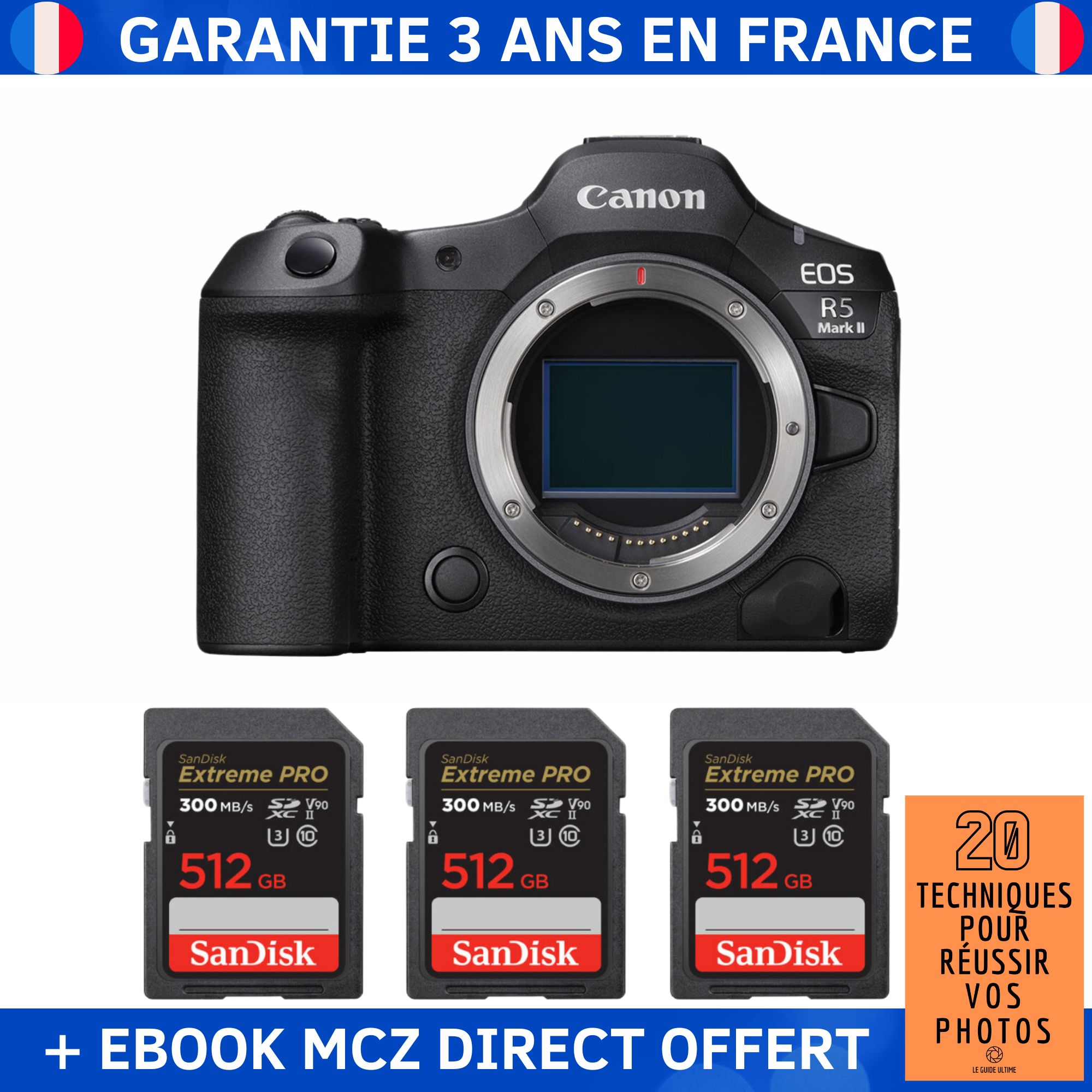 Canon EOS R5 Mark II + 3 SanDisk 512GB Extreme PRO UHS-II SDXC Cards + '20 Techniques pour Réussir vos Photos' Ebook - Hybrid Camera