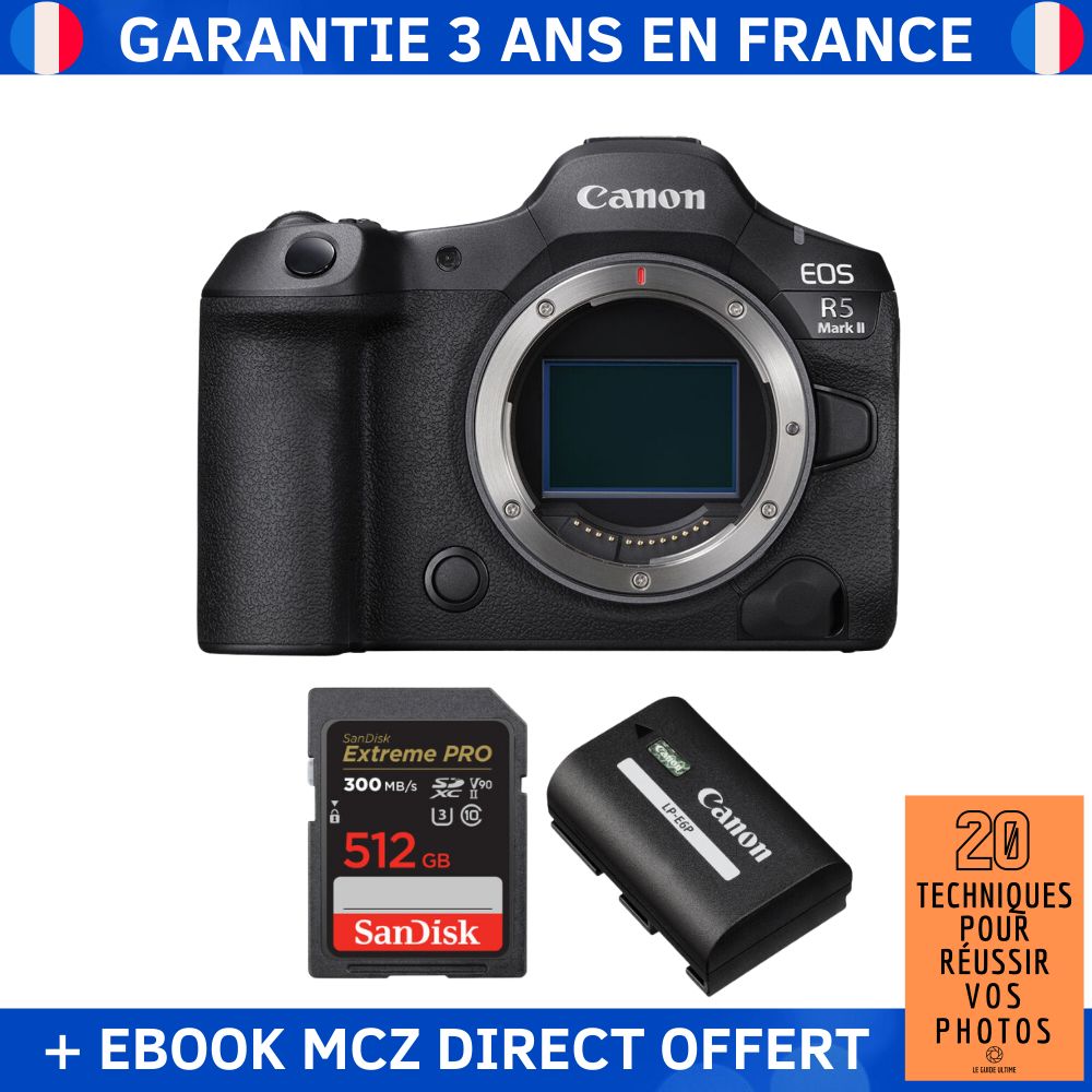 Canon EOS R5 Mark II + 1 SanDisk 512GB Extreme PRO UHS-II SDXC Card + 1 Canon LP-E6P + Ebook '20 Techniques pour Réussir vos Photos' - Hybrid Camera
