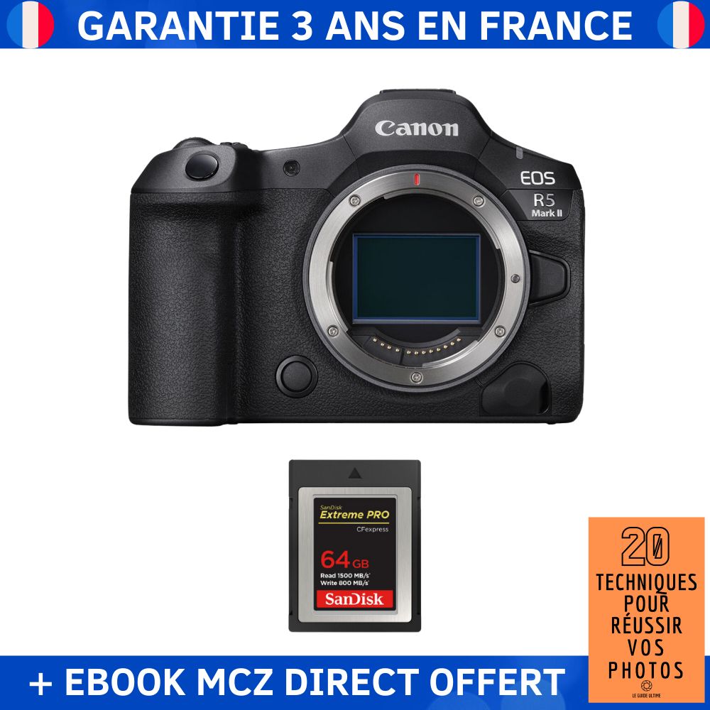 Canon EOS R5 Mark II + 1 SanDisk 64GB Extreme PRO CFexpress Type B + '20 Techniques pour Réussir vos Photos' Ebook - Hybrid Camera