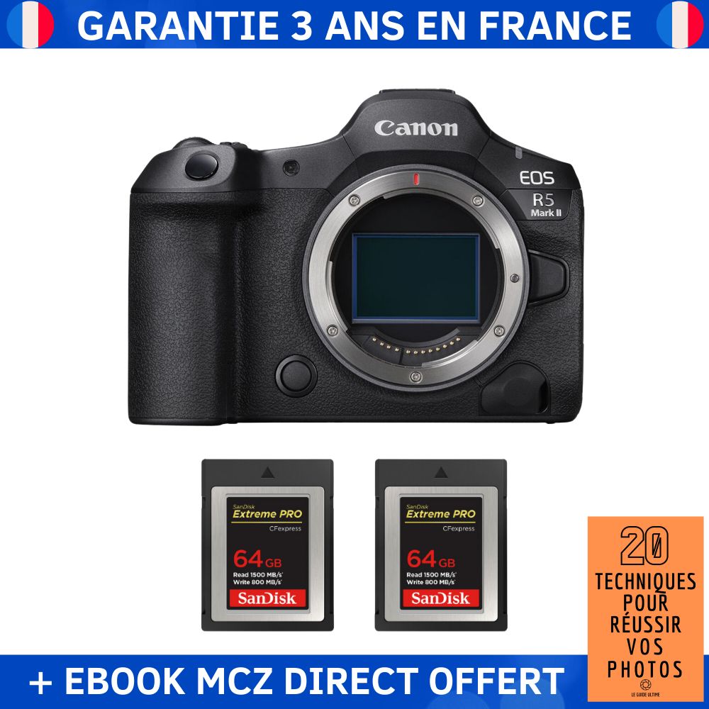 Canon EOS R5 Mark II + 2 SanDisk 64GB Extreme PRO CFexpress Type B + Ebook '20 Techniques pour Réussir vos Photos' - Hybrid Camera Canon