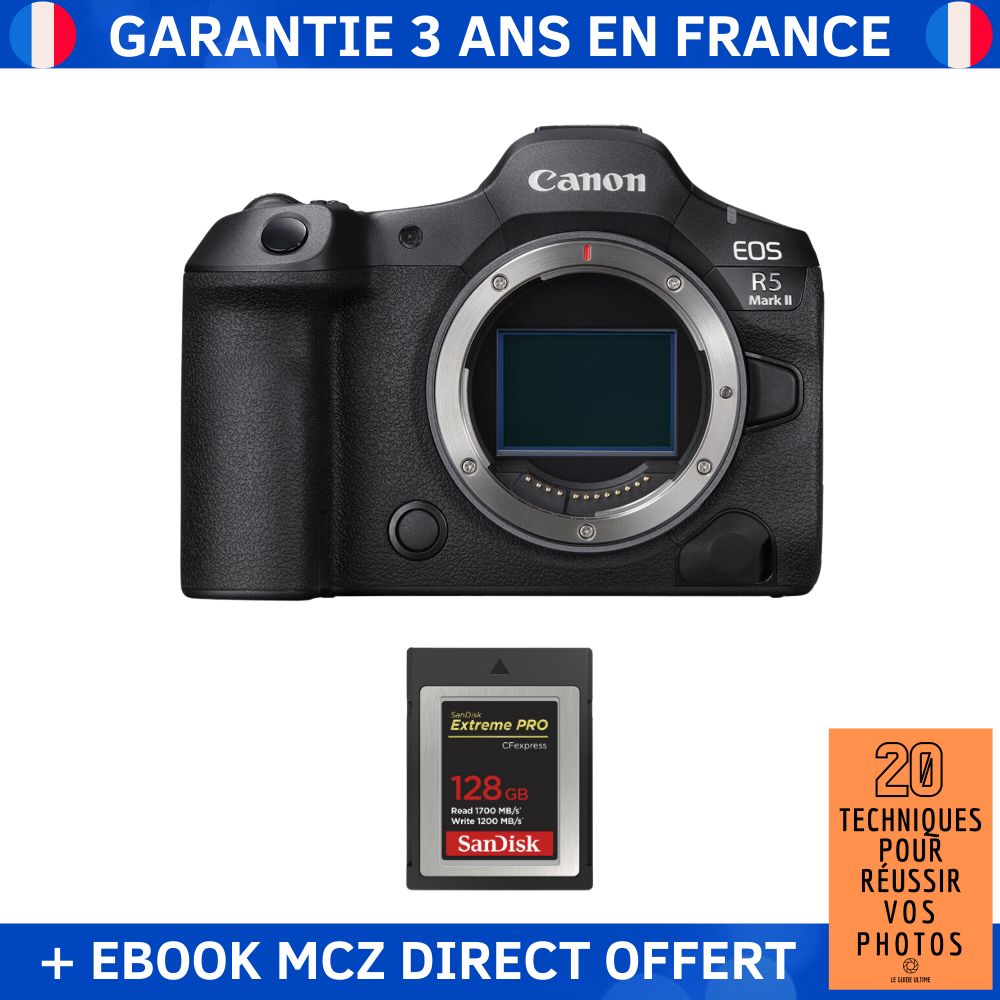 Canon EOS R5 Mark II + 1 SanDisk 128GB Extreme PRO CFexpress Type B + Ebook '20 Techniques pour Réussir vos Photos' - Hybrid Camera Canon