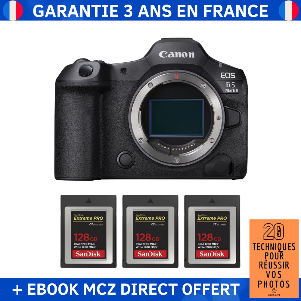 Canon EOS R5 Mark II + 3 SanDisk 128GB Extreme PRO CFexpress Type B + Ebook '20 Techniques pour Réussir vos Photos' - Hybrid Camera Canon