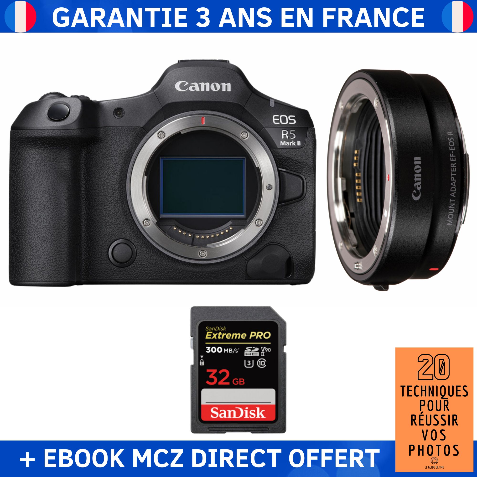 Canon EOS R5 Mark II + EF-EOS R Lens + 1 SanDisk 32GB Extreme PRO UHS-II SDXC Card + '20 Techniques for Succeeding in Photography' Ebook - Hybrid Camera