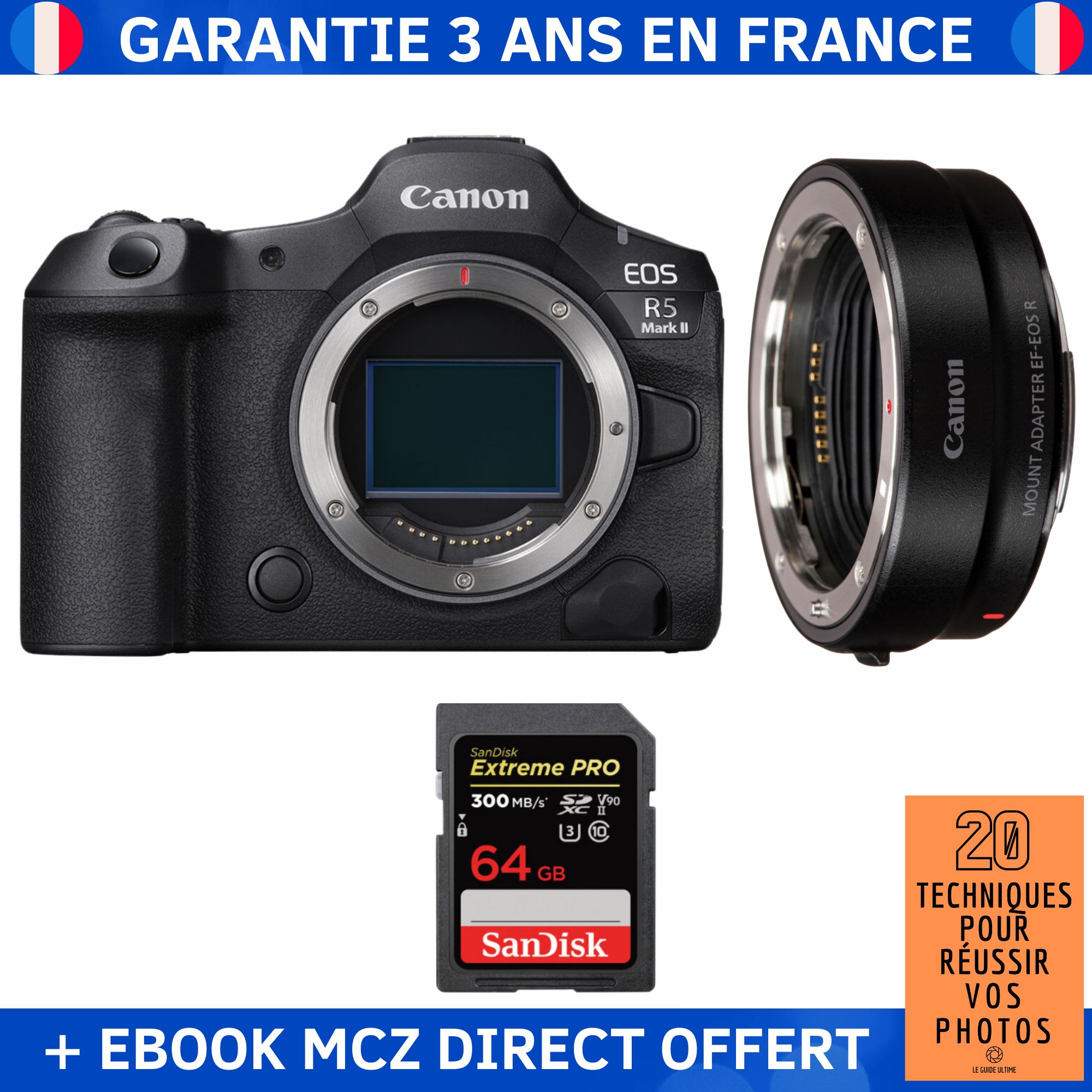 Canon EOS R5 Mark II + EF-EOS R Lens + 1 SanDisk 64GB Extreme PRO UHS-II SDXC Memory Card + '20 Techniques for Succeeding in Photography' Ebook - Hybrid Camera