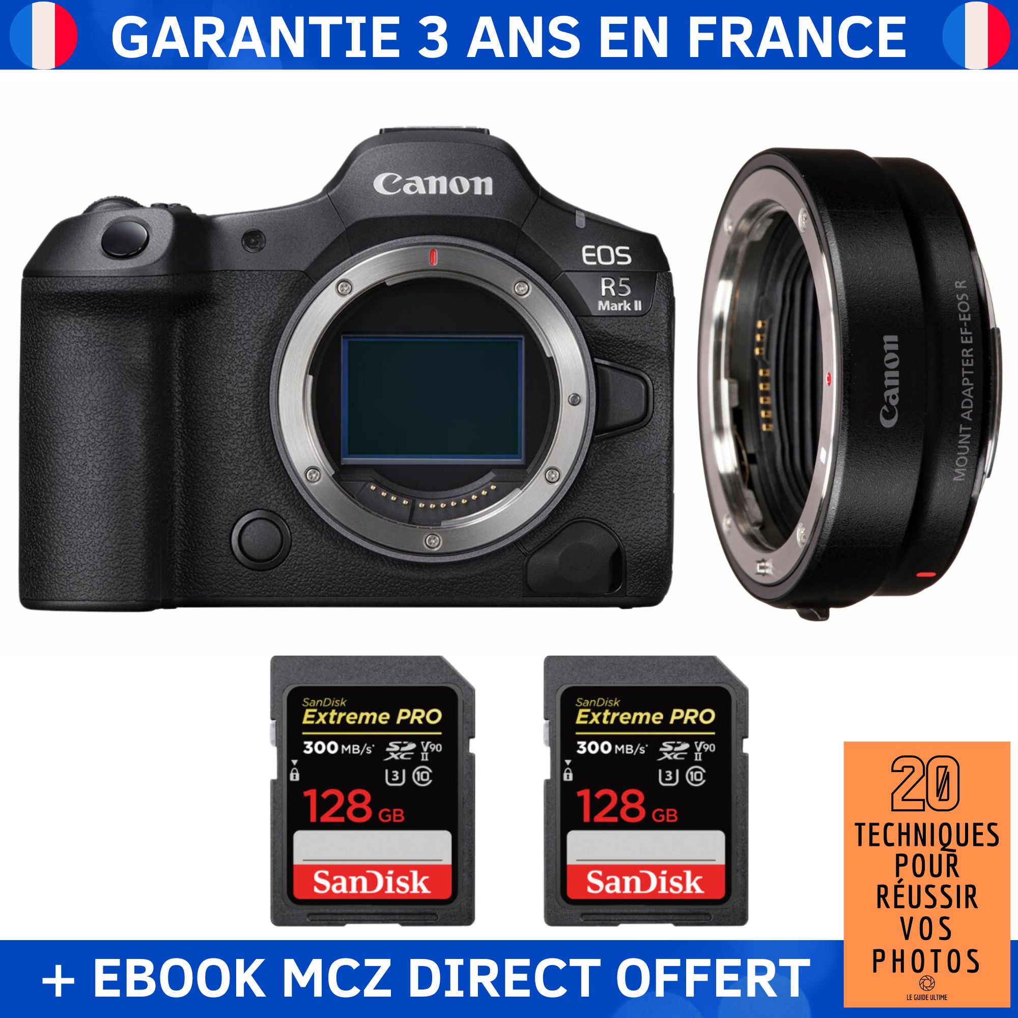 Canon EOS R5 Mark II + EF-EOS R Lens + 2 SanDisk 128GB Extreme PRO UHS-II SDXC Cards + '20 Techniques pour Réussir vos Photos' Ebook - Hybrid Camera