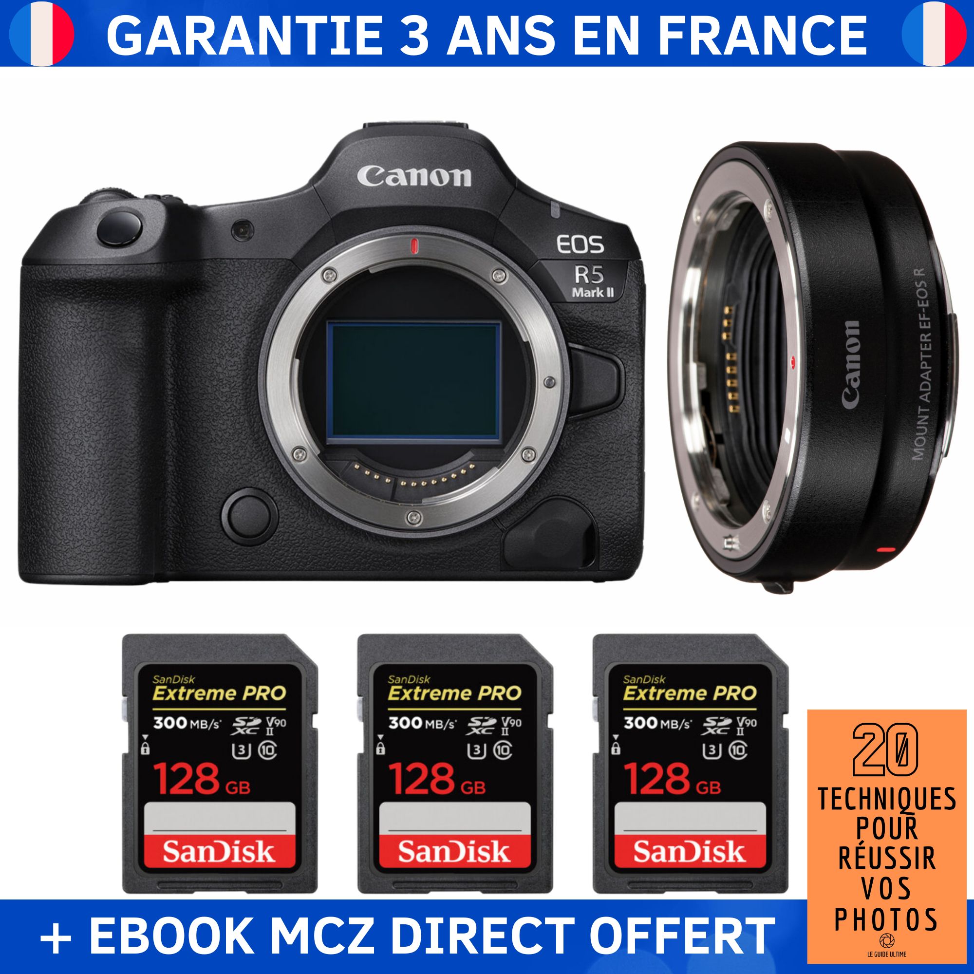 Canon EOS R5 Mark II + EF-EOS R + 3 SanDisk 128GB Extreme PRO UHS-II SDXC 300MB/s Memory Cards + '20 Techniques pour Réussir vos Photos' Ebook - Hybrid Camera