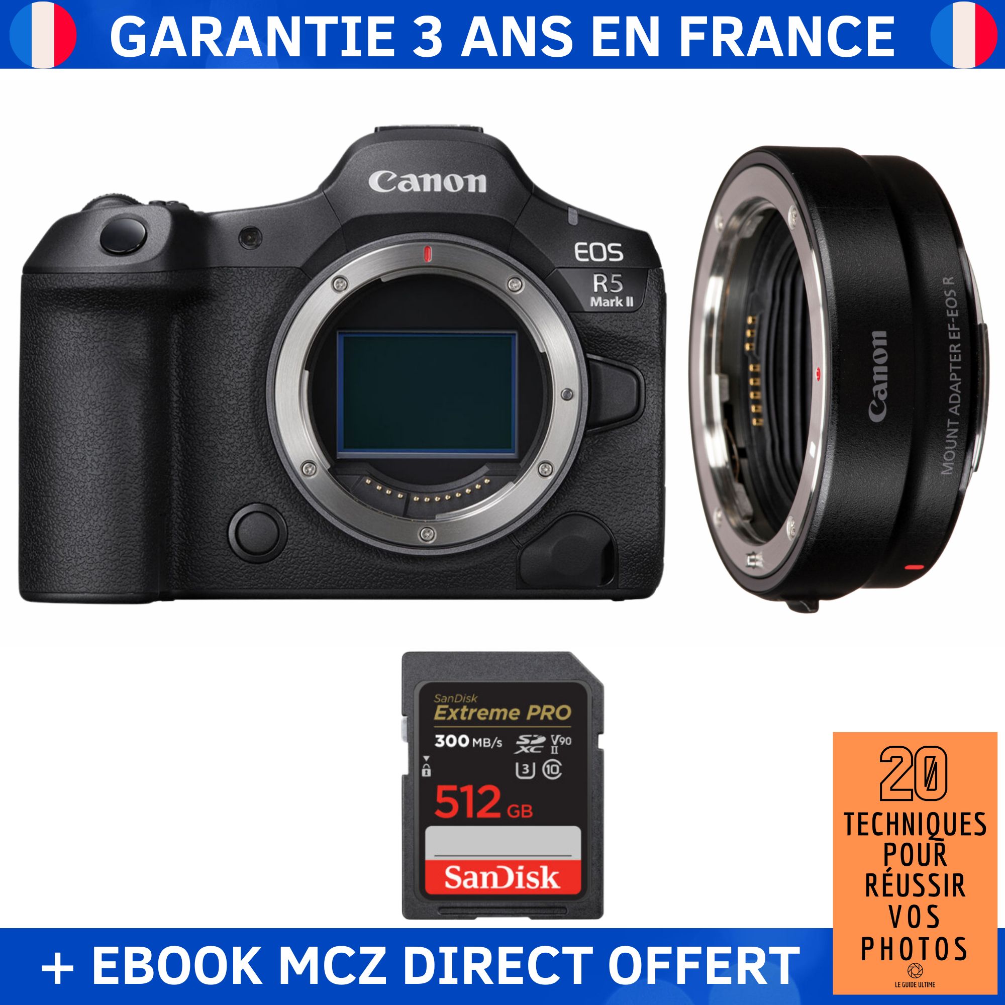 Canon EOS R5 Mark II + EF-EOS R Lens + 1x 512GB SanDisk Extreme PRO UHS-II SDXC Card + '20 Techniques for Successful Photos' Ebook - Hybrid Camera